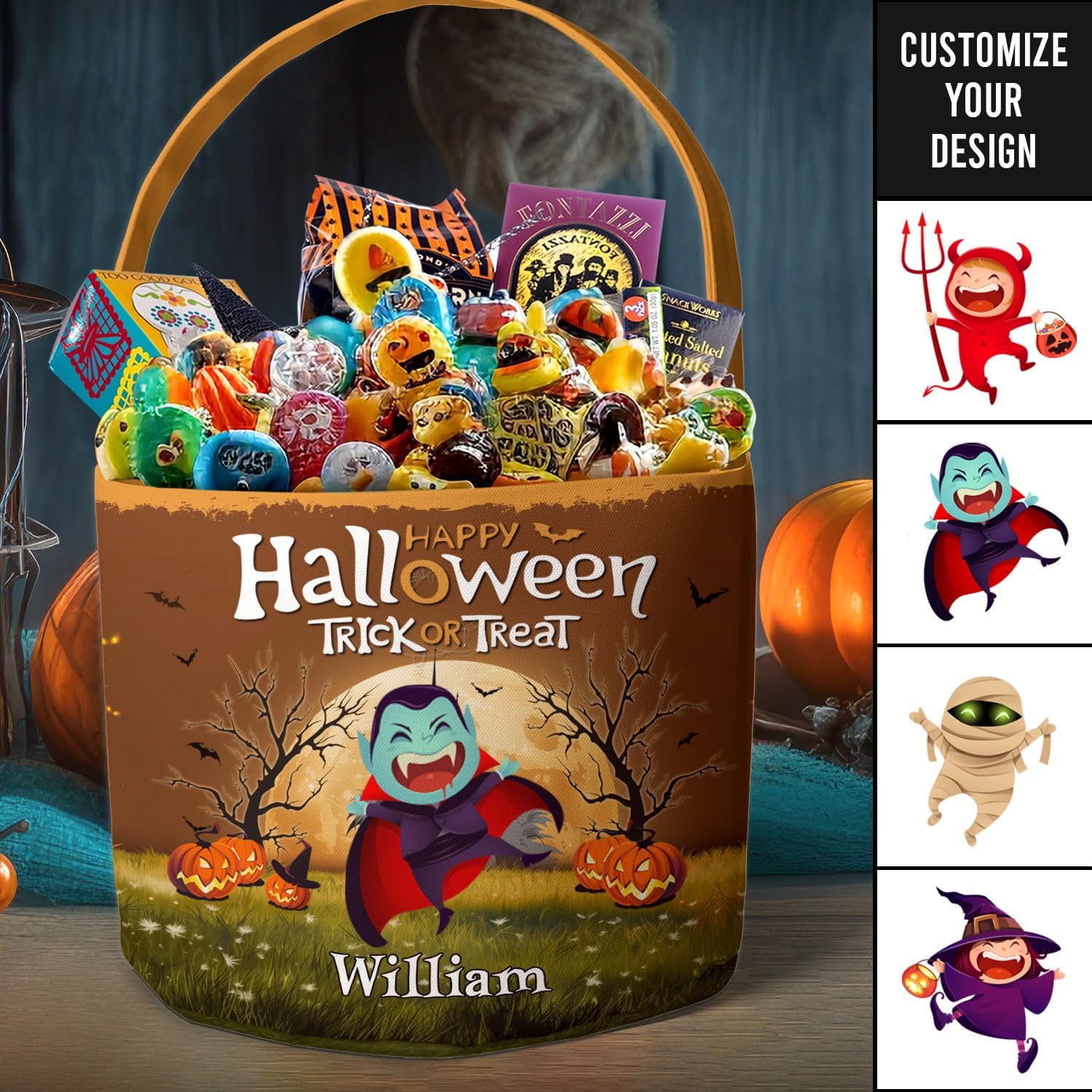 Macorner Cubo espeluznante personalizado de Halloween, regalos de Halloween para niños, cubo de caramelo con patrón de calabaza, bolsas de mano para