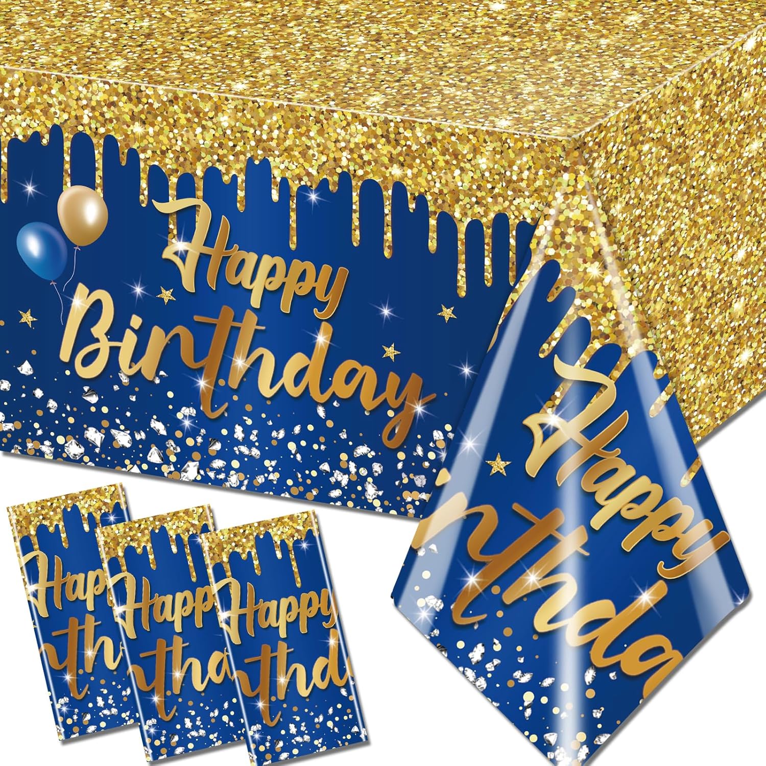 Mantel de feliz cumpleaños, 3 manteles azul marino y dorado para fiestas, decoración de cumpleaños con purpurina para mujeres y hombres, suministros