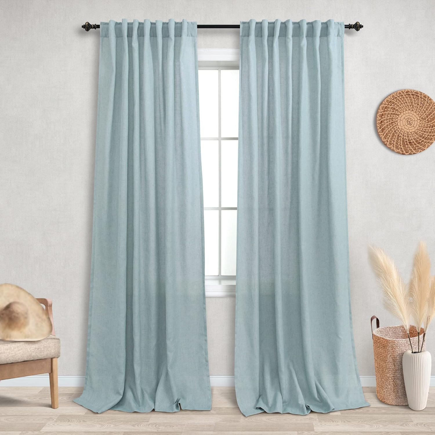 KOUFALL Cortinas transparentes de lino con bolsillo para barra de barra de color verde marino para dormitorio, 52 x 96 pulgadas de largo