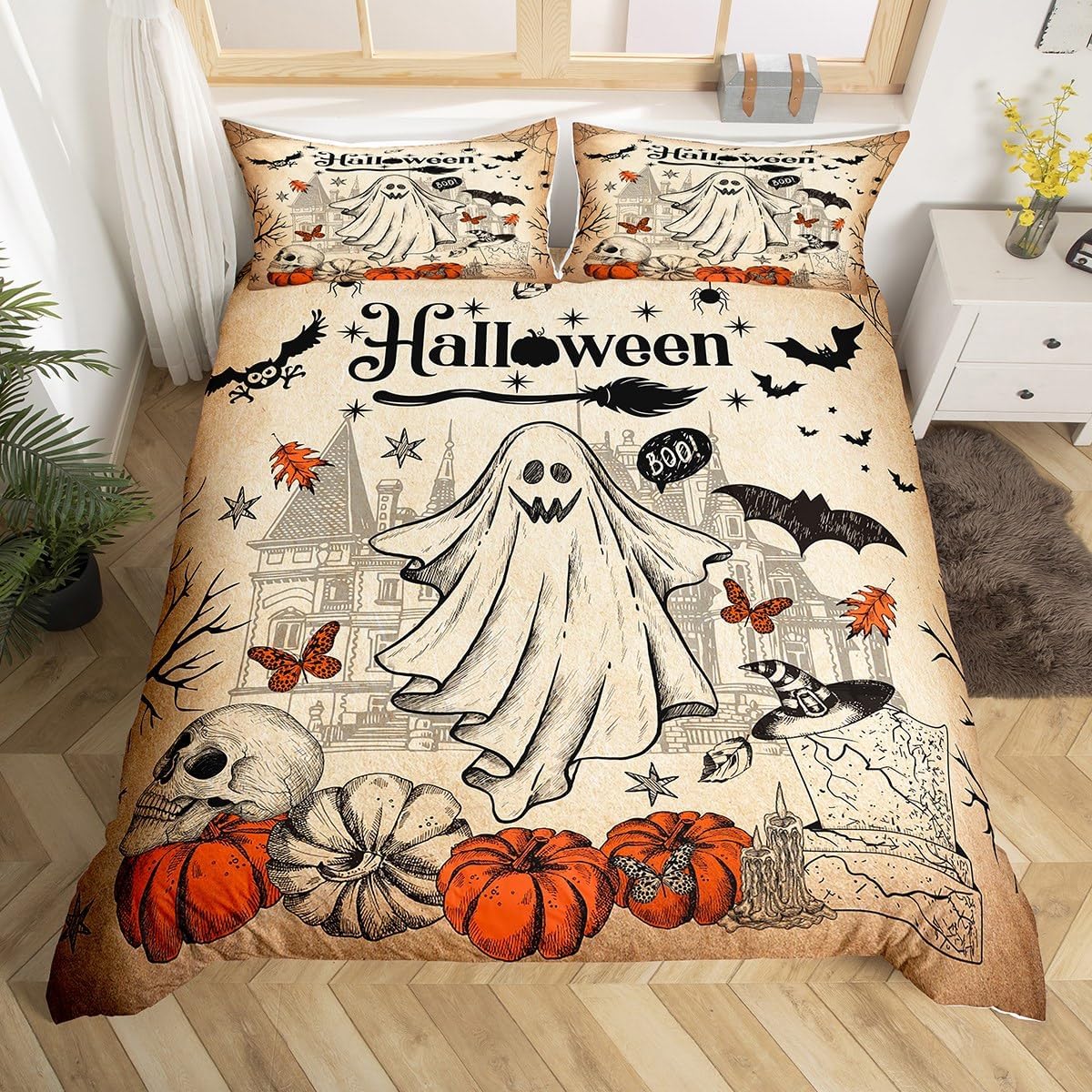Lindo juego de funda de edredón de fantasma, tamaño individual para niños y niñas, juego de ropa de cama de calabaza y calavera de azúcar, funda de