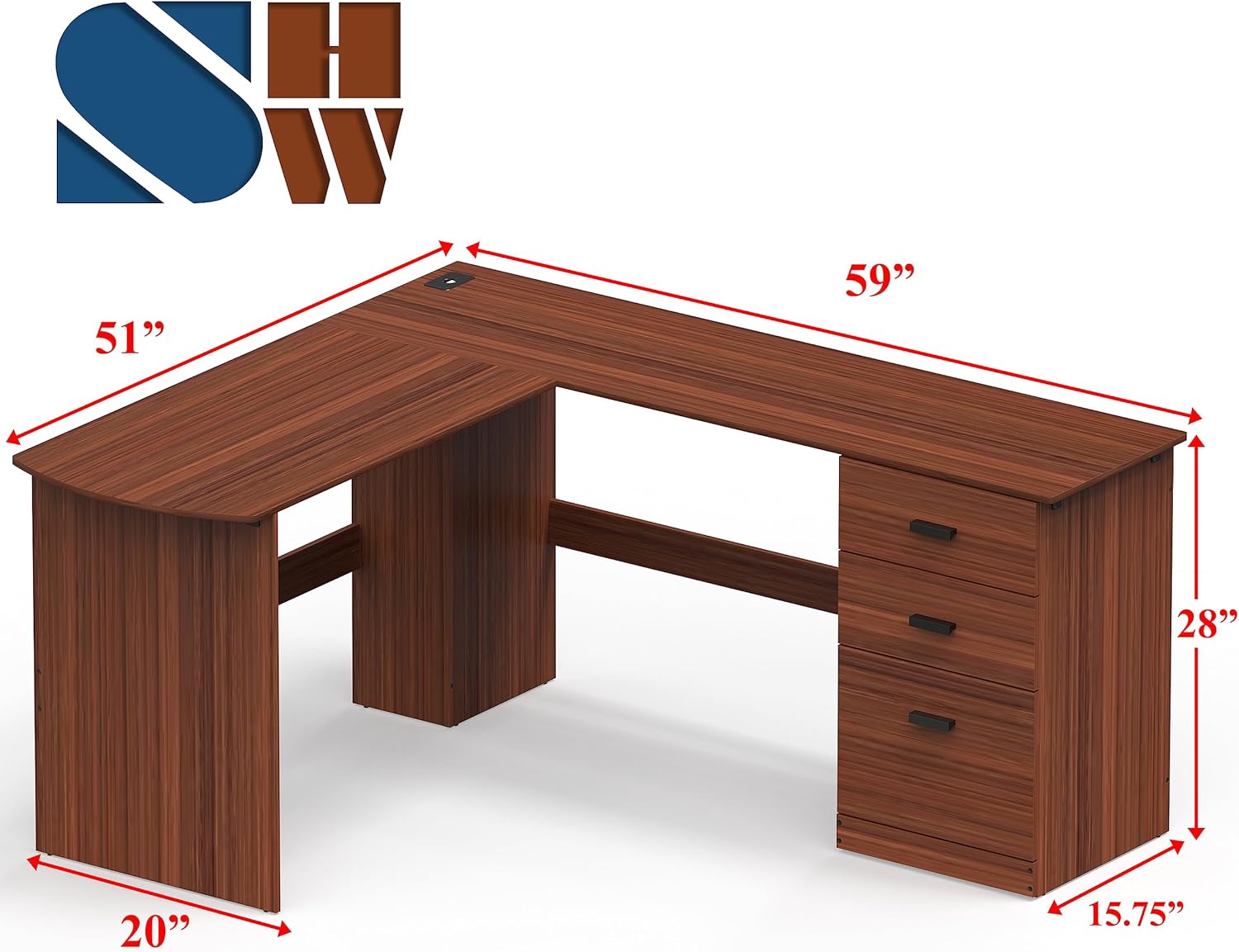SHW Escritorio esquinero de madera en forma de L para oficina en casa con 3 cajones, nogal