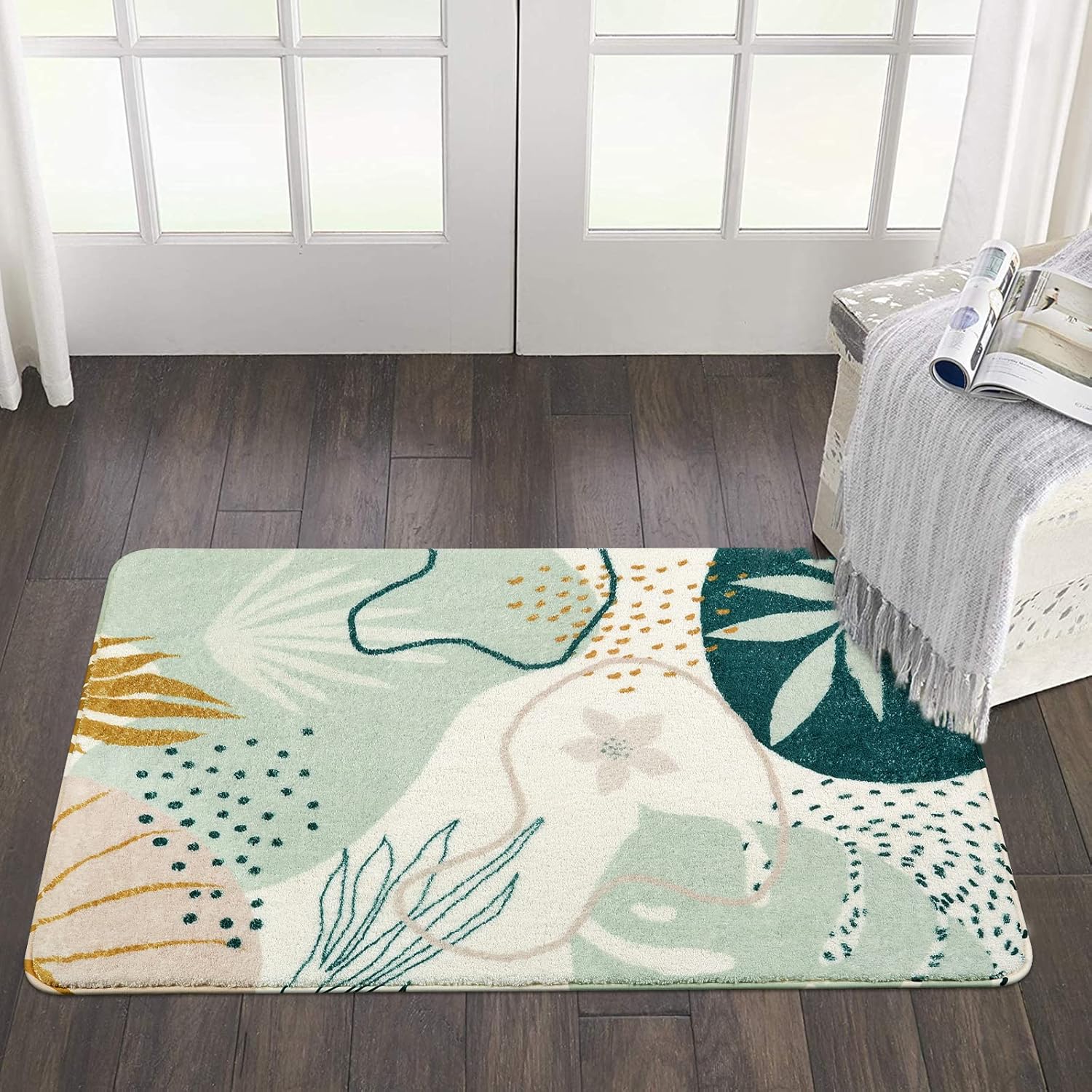 Uphome Alfombra de entrada verde lavable a máquina, con estampado botánico, antideslizante, suave, bohemio, alfombras de baño abstractas y