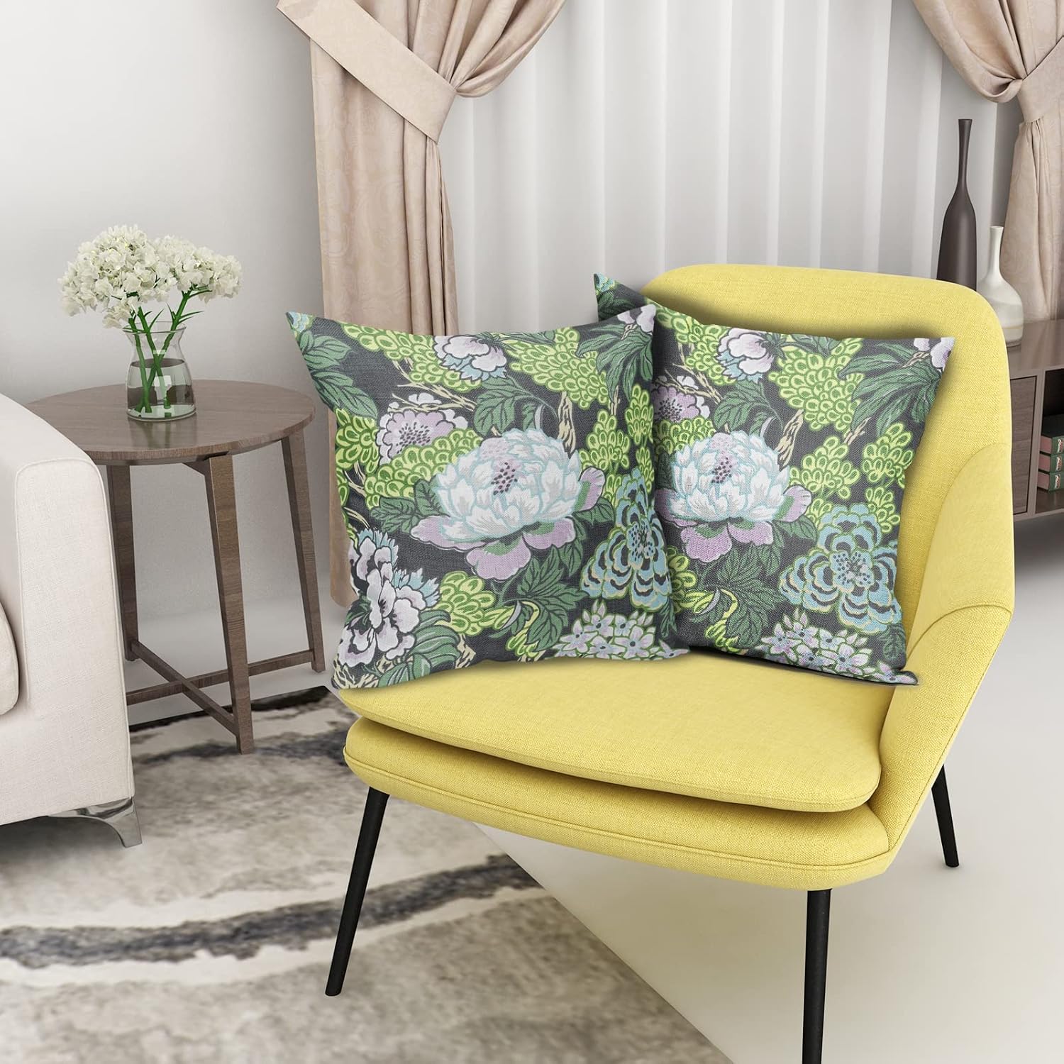 Juego de 2 fundas de almohada florales de color blanco y verde turquesa de 18 x 18 pulgadas, fundas de almohada decorativas de lino para