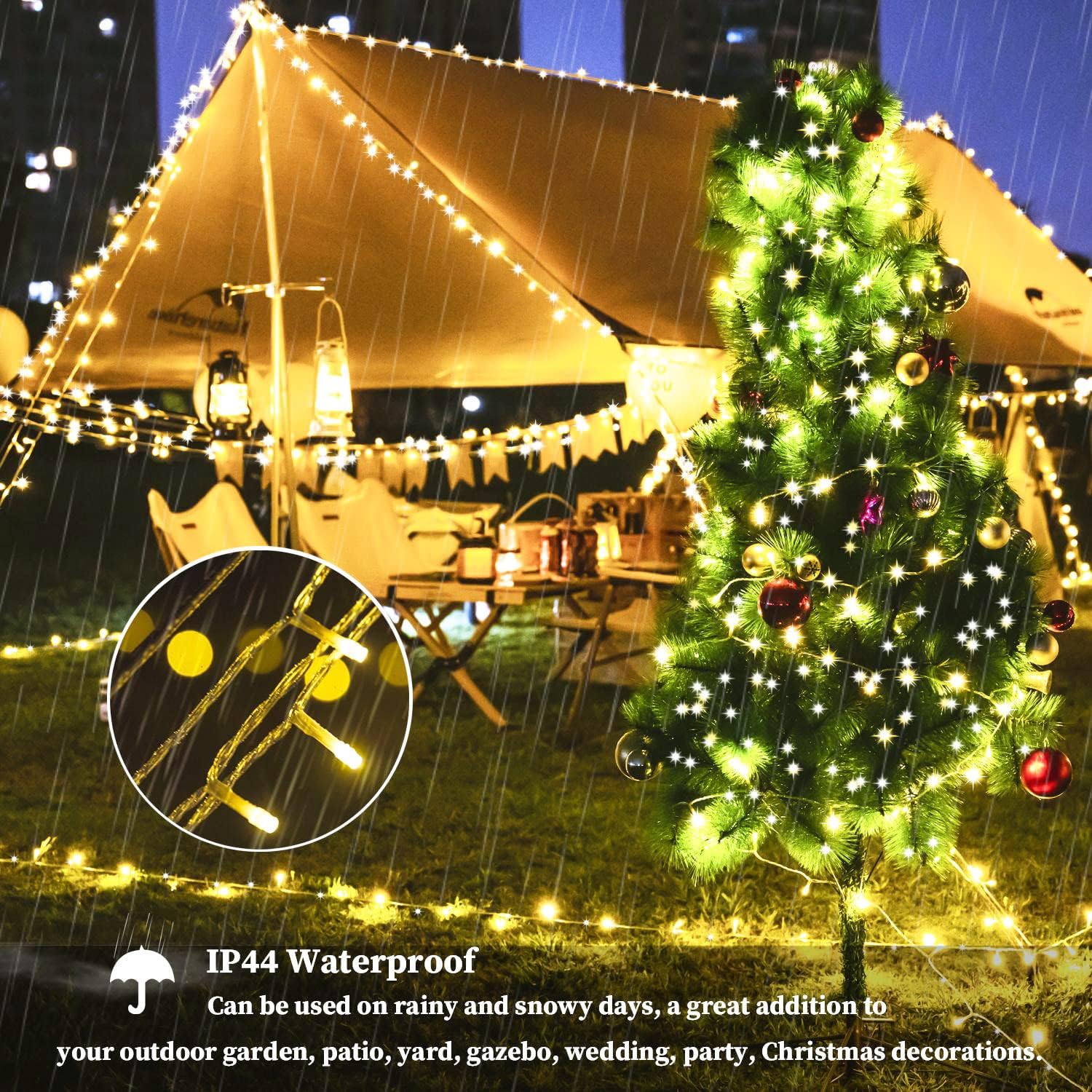 Luces de Navidad para exteriores, 800 luces LED de 330 pies, color blanco cálido, 8 modos de enchufe, decoración impermeable, luces parpadeantes