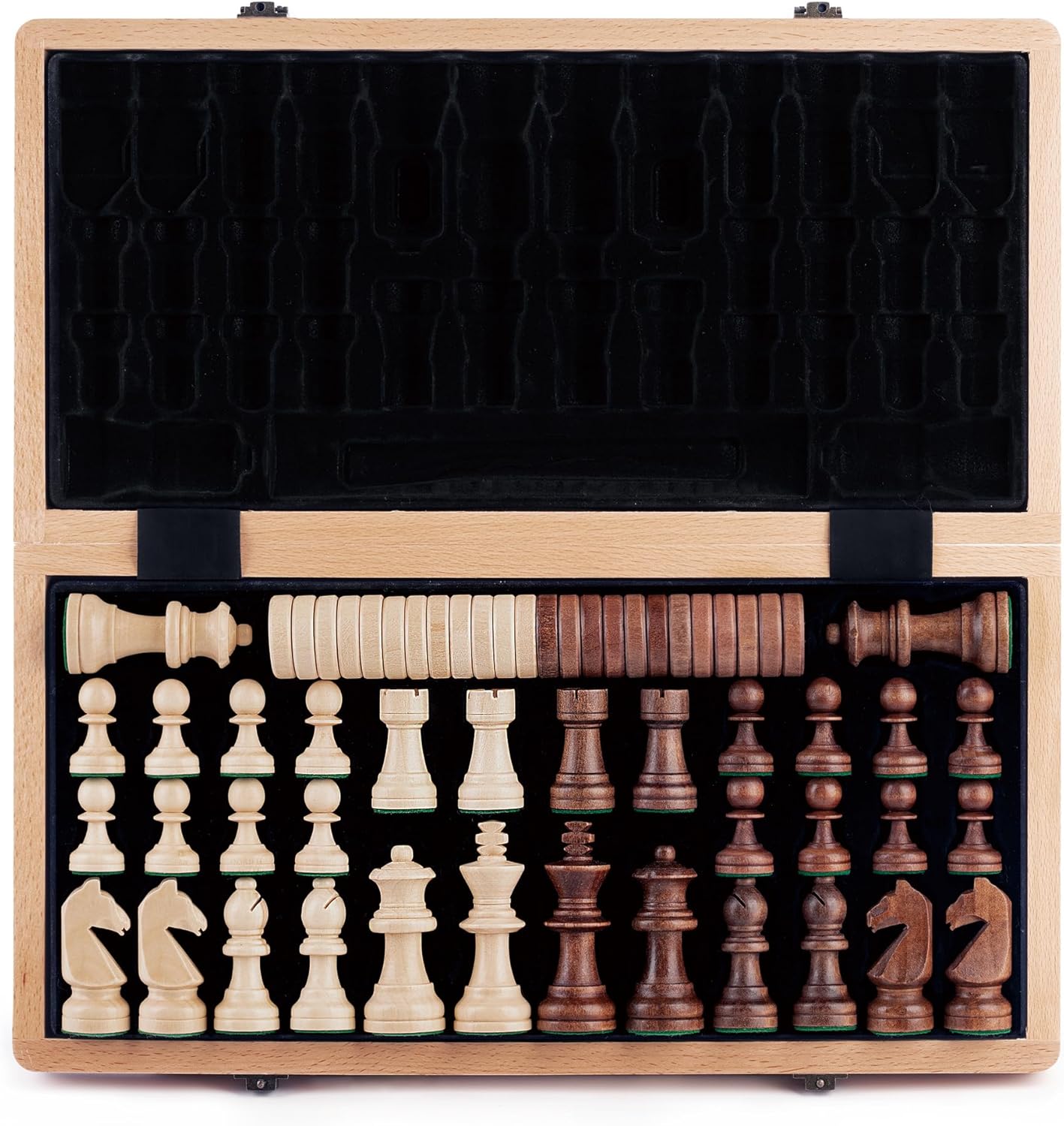 A&A Juego de ajedrez y damas plegables de madera de 15 pulgadas con piezas de ajedrez Staunton de altura King de 3 pulgadas, 2 reinas adicionales,