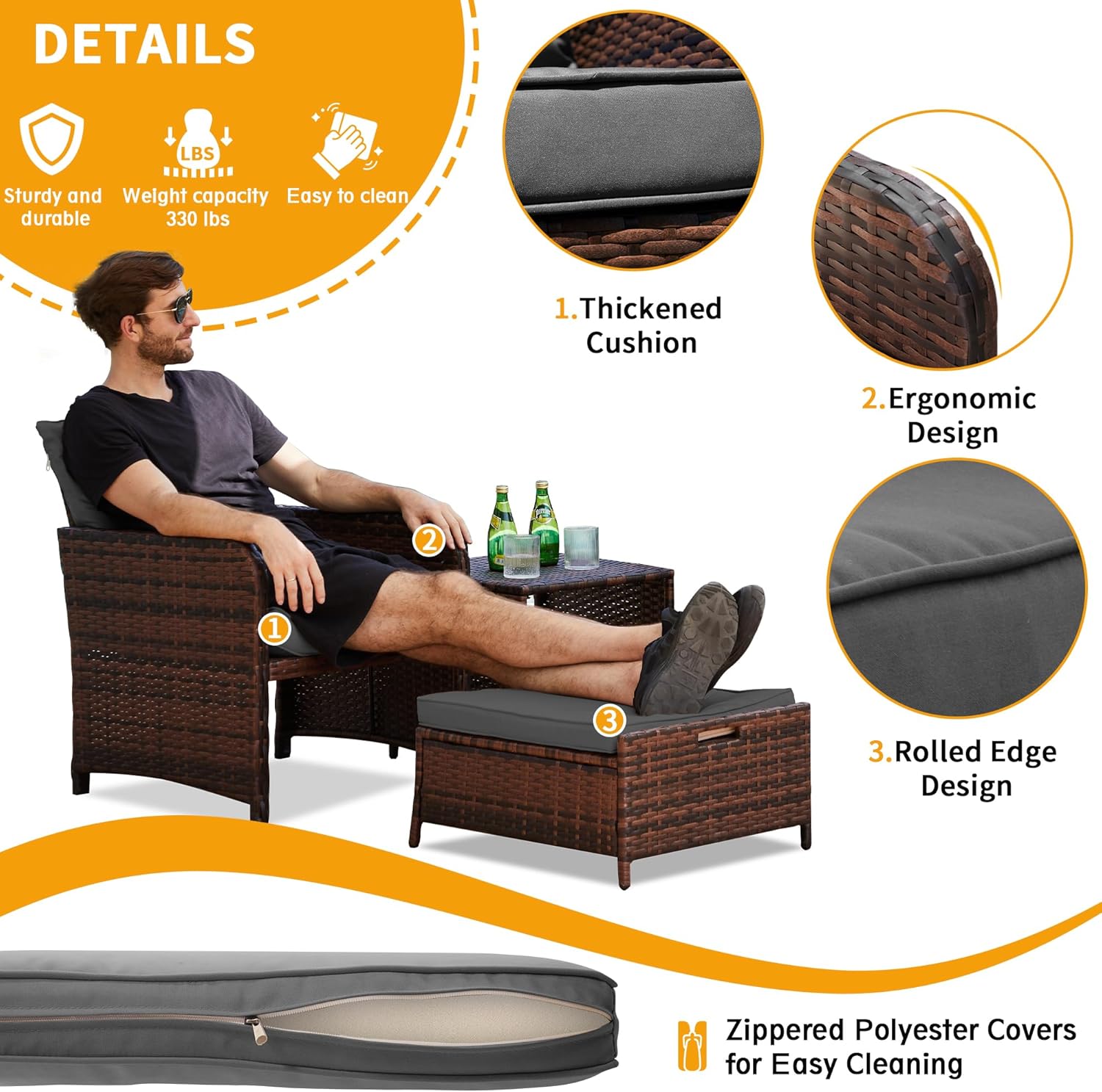 UDPATIO Juego de muebles de balcón con otomana, juego de 5 piezas de muebles de mimbre para patio con reposapiés para porche delantero, espacio