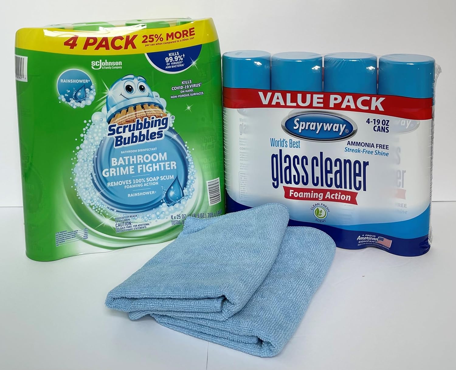 Scrubbing Bubbles – Lucha contra la suciedad de baño, aroma Rainshower, paquete de 4 latas de 25 onzas y limpiador de vidrio en aerosol, 4 latas de