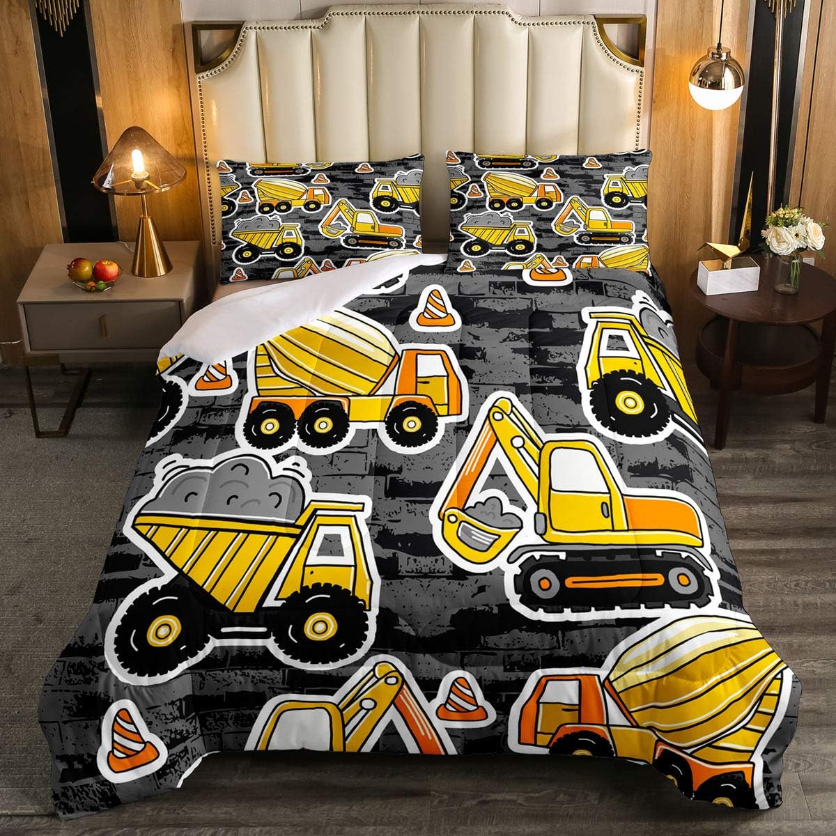 Erosebridal Juego de edredón de plumón de excavadora para niños, tamaño Queen, juego de edredón de tractor para niños y niñas, maquinaria pesada,