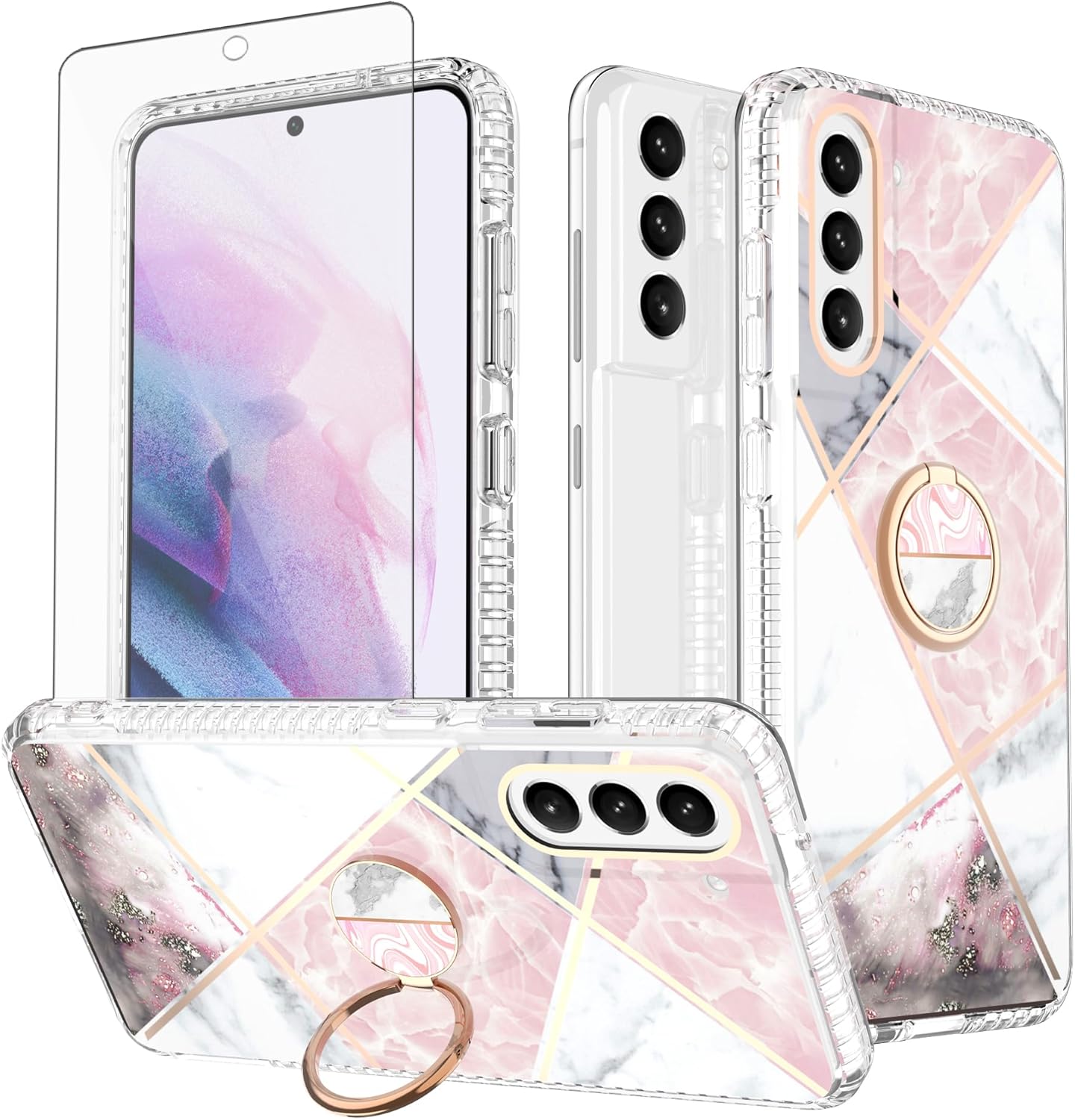 Asuwish Funda de teléfono para Samsung Galaxy S21 FE 5G con protector de pantalla y soporte de anillo de mármol, a prueba de golpes, silicona TPU,