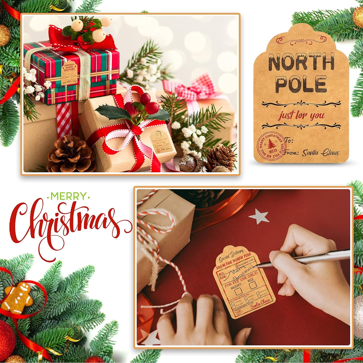 720 etiquetas autoadhesivas de regalo de Navidad, etiquetas de papel kraft de Navidad, etiquetas de papel de estraza natural, etiquetas de papel de