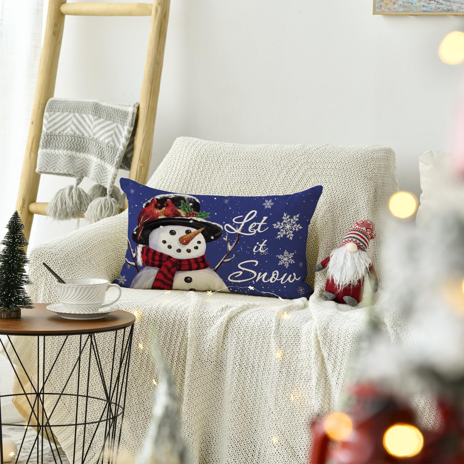 AVOIN colorlife Let it Snow Snowman – Funda de almohada azul de Navidad, 12 x 20 pulgadas, decoración de sofá
