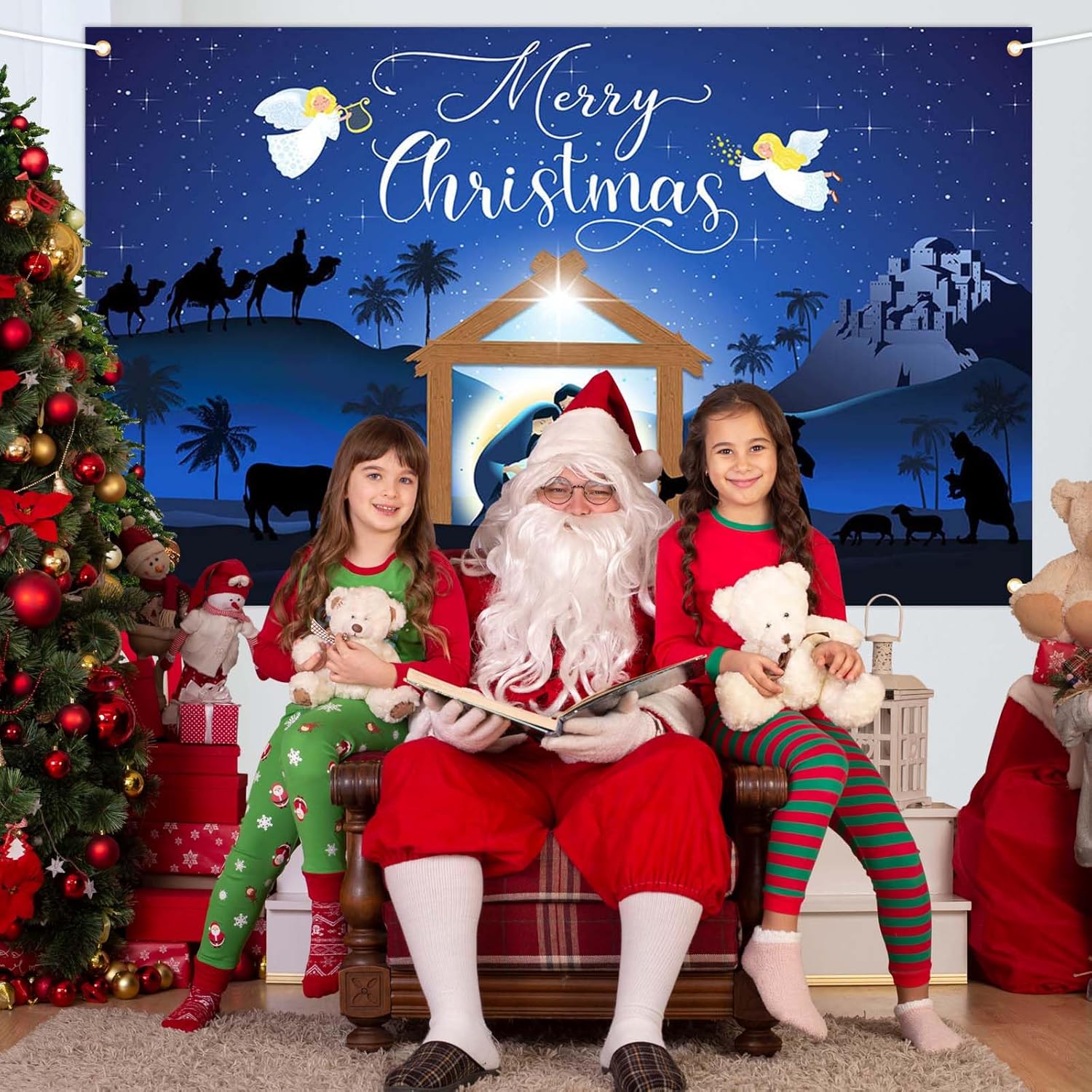 Avezano Decoraciones de Navidad azules para colgar pancartas religiosas de Feliz Navidad y letreros de porche para Navidad, para interiores y