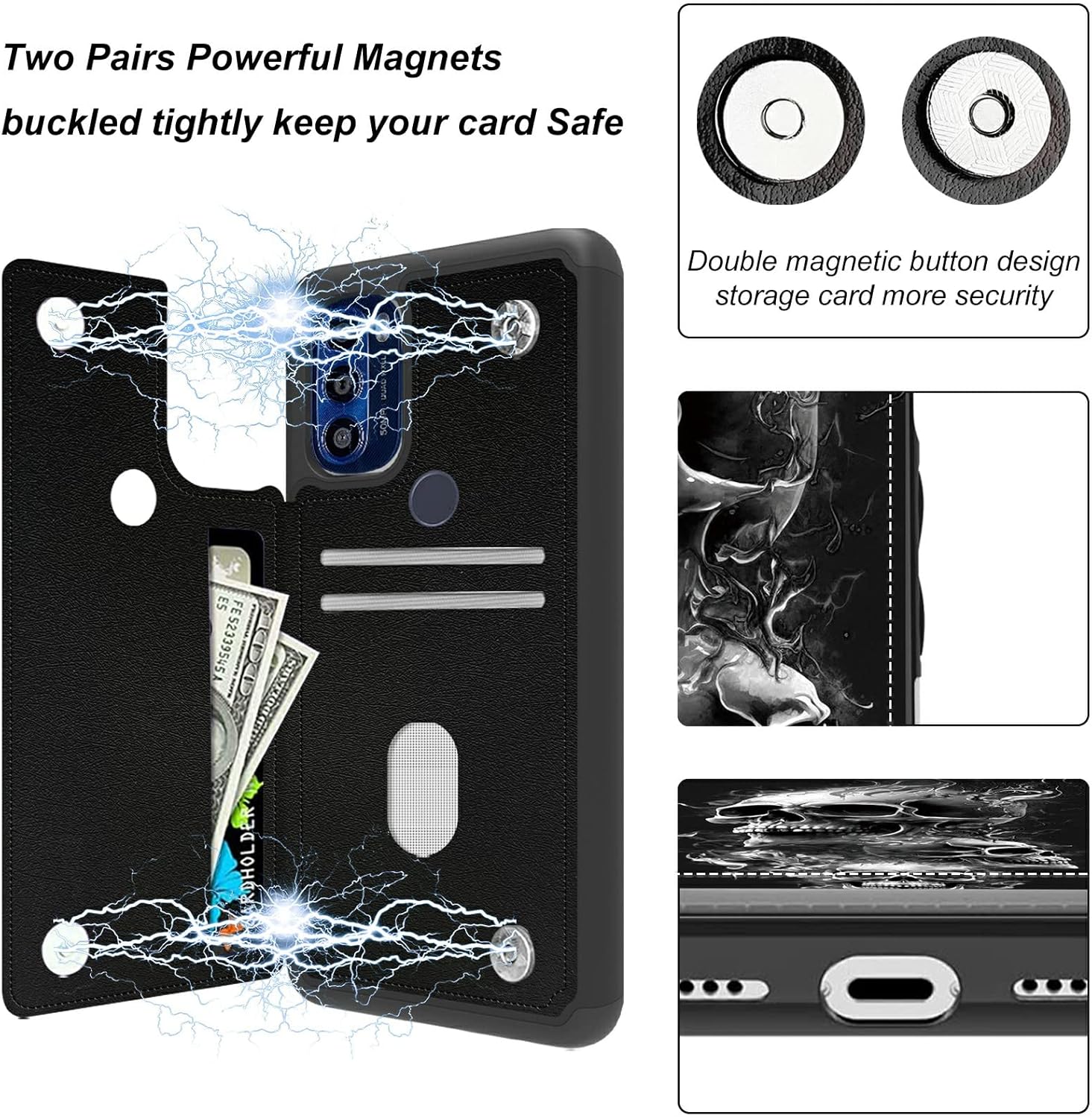 Funda para Moto G Stylus 5G 2022, piel sintética con patrón de calavera, doble capa, resistente, a prueba de golpes, con tarjeta de crédito