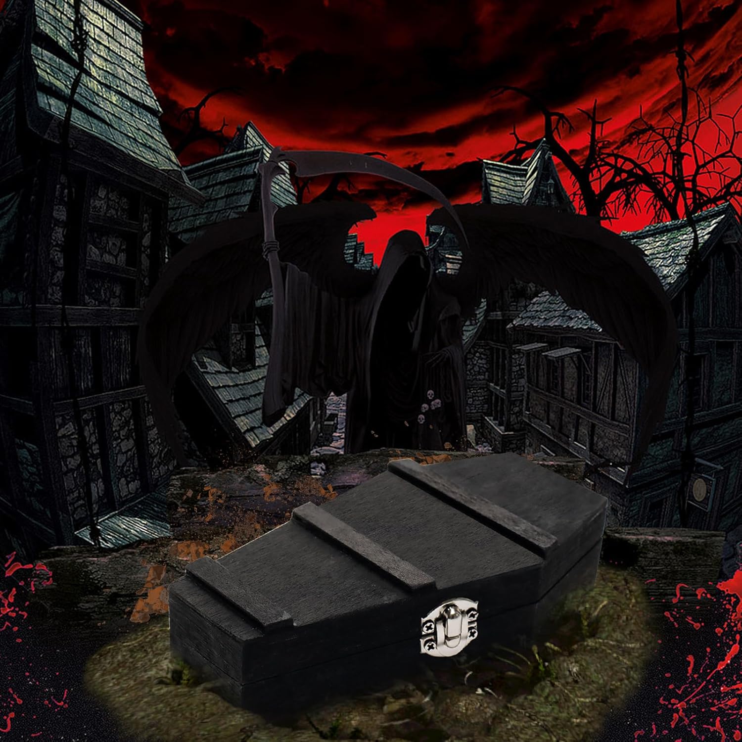 Decoración de Halloween esencial ataúd de madera pintada en negro, mini caja de ataúd de vampiro, muñeca fantasma, kit de bricolaje para crear tu