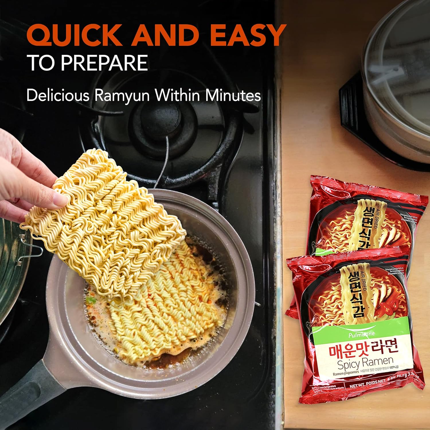 Pulmuone – Fideos coreanos Ramyun no fritos, paquete de 4 fideos instantáneos coreanos sabor picante, fácil de cocinar, auténtico ramen coreano con