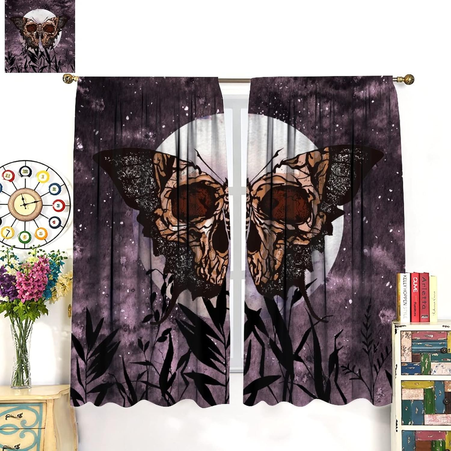 Cortinas de polilla de la muerte, cortinas bohemias góticas de calavera, fantástica decoración de fondo de luna llena, plantas estrelladas moradas,