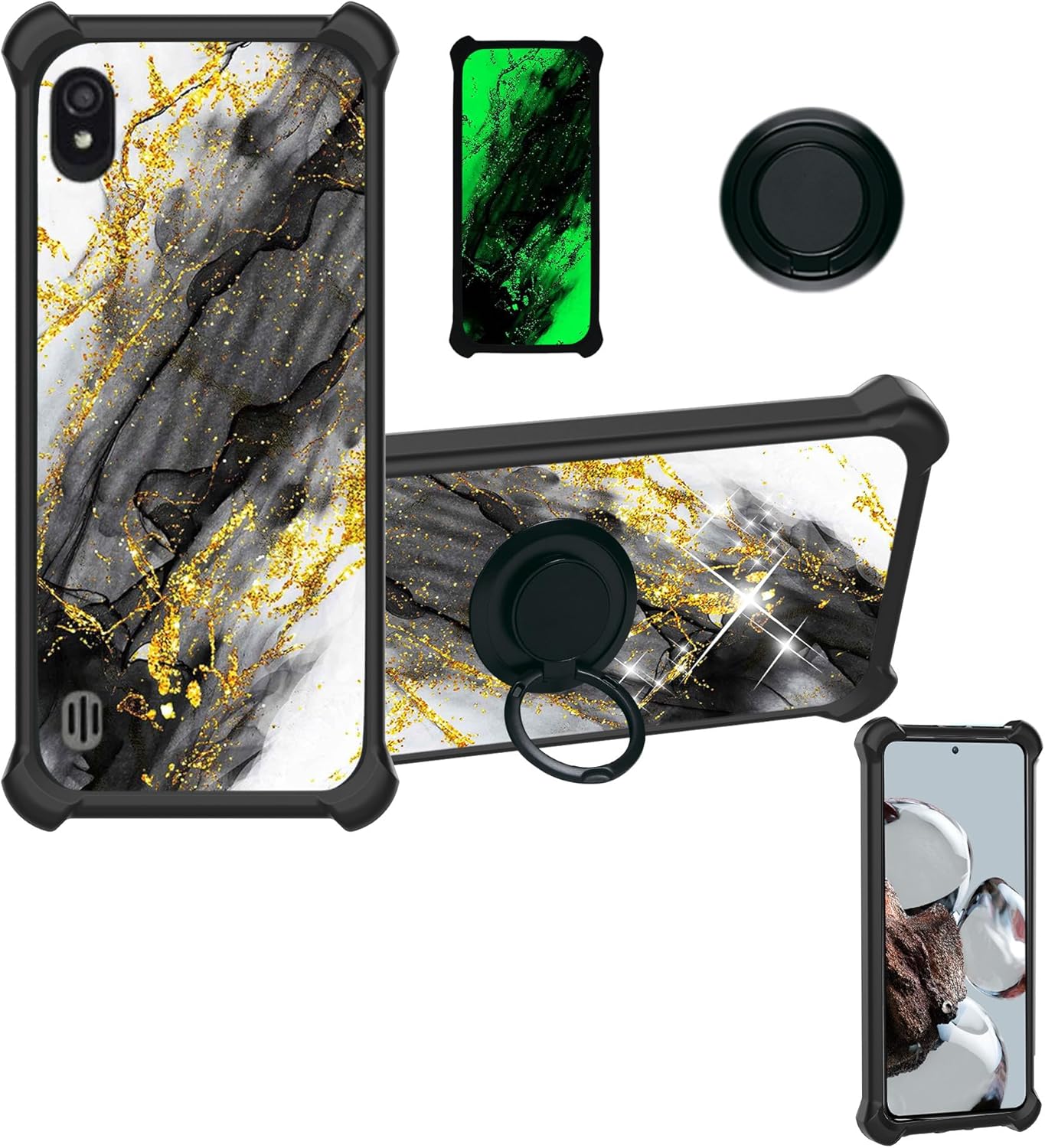 Bounce SL201D – Funda compatible con Bounce SL201D (PC + TPU 2 en 1), soporte de anillo, purpurina dorada y luminosa, JSH-HDL