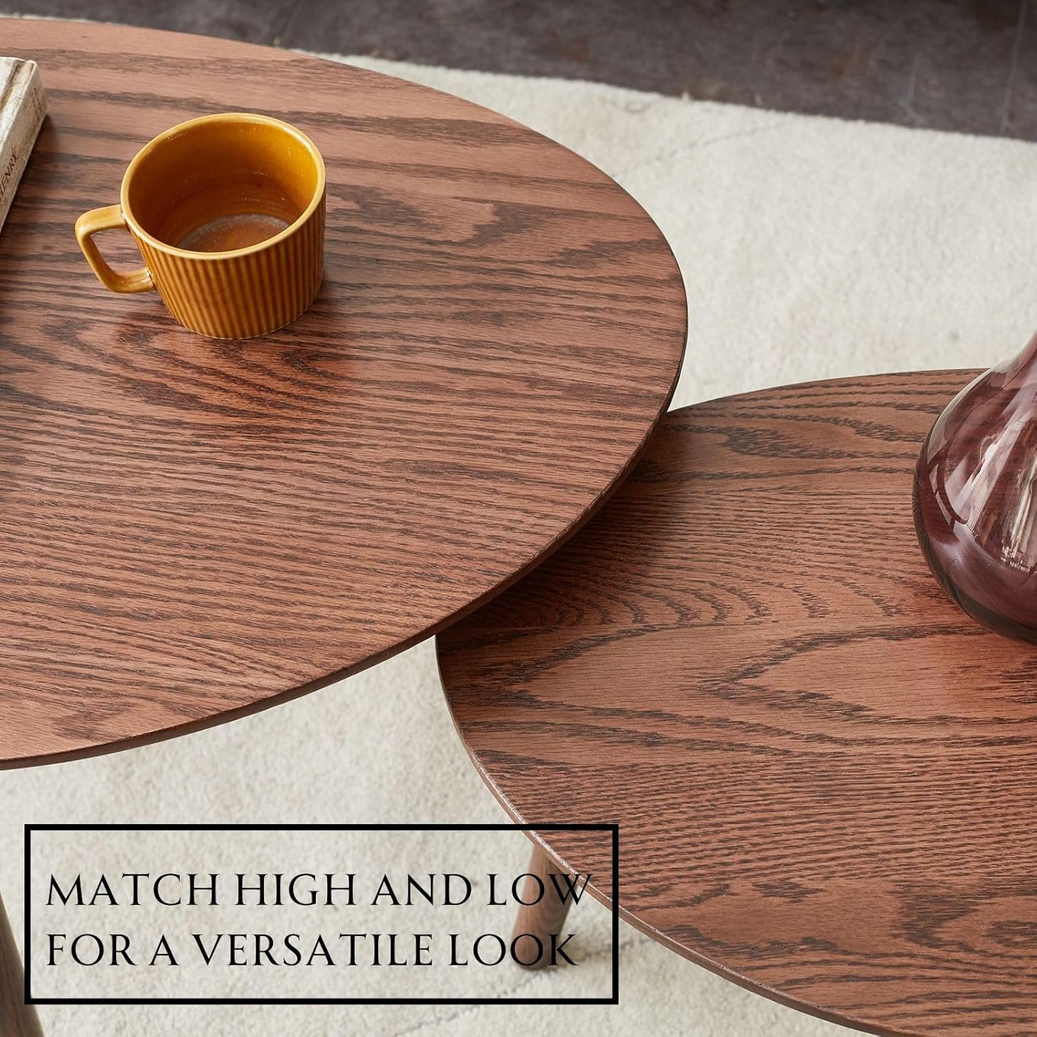 Wayshome Mesa auxiliar anidable 100% de madera de roble macizo, moderna mesa auxiliar ovalada de mediados de siglo, mesa auxiliar redonda para sala