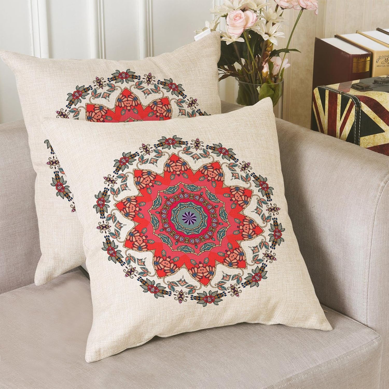 Juego de 2 fundas de almohada de 18 x 18 pulgadas con diseño de flores de mandala sobre fondo blanco, decoración de exteriores, fundas de almohada