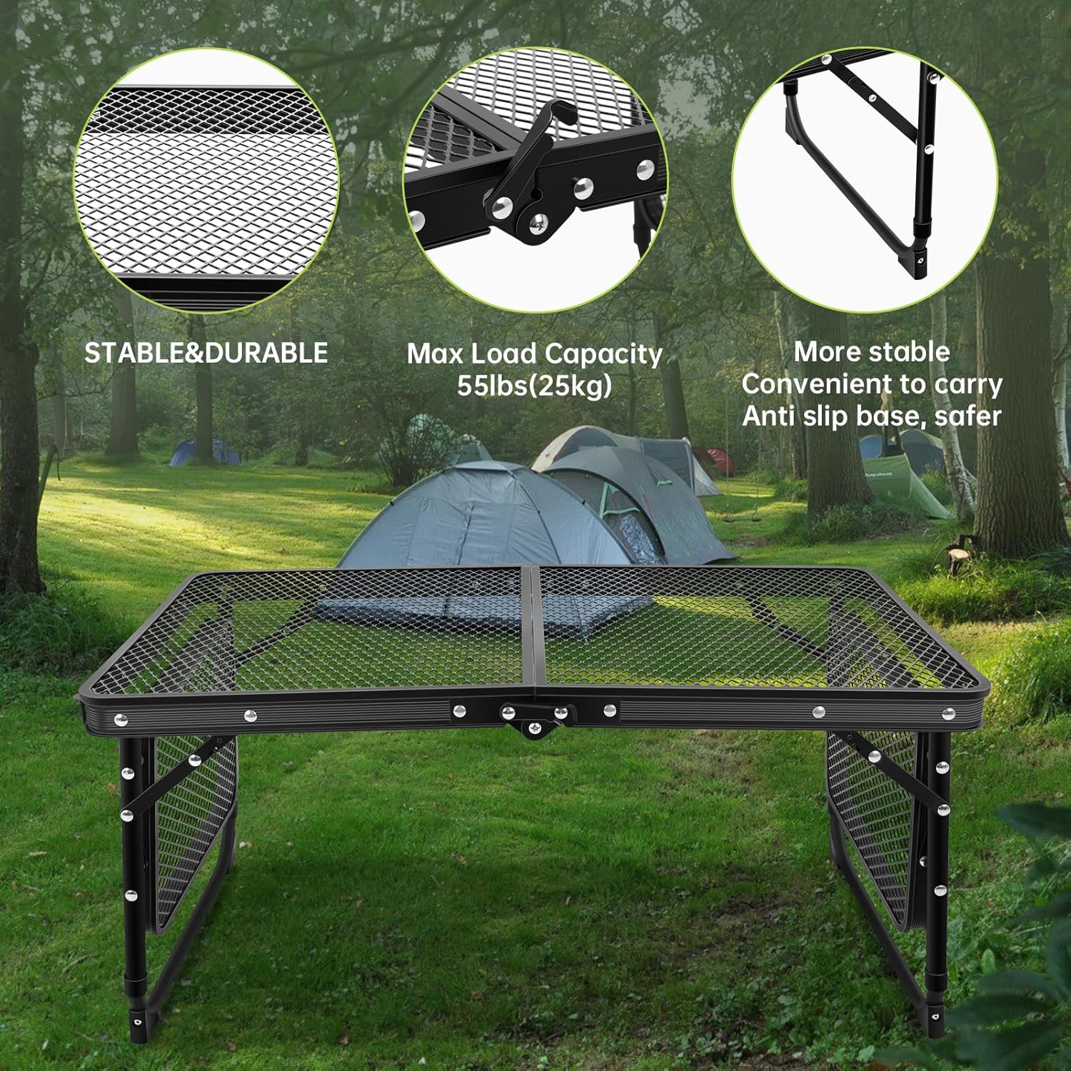 Mesa de parrilla, mesa de camping plegable, mesa de comedor de aleación de aluminio, mesa de campamento plegable de altura y ancho ajustables,