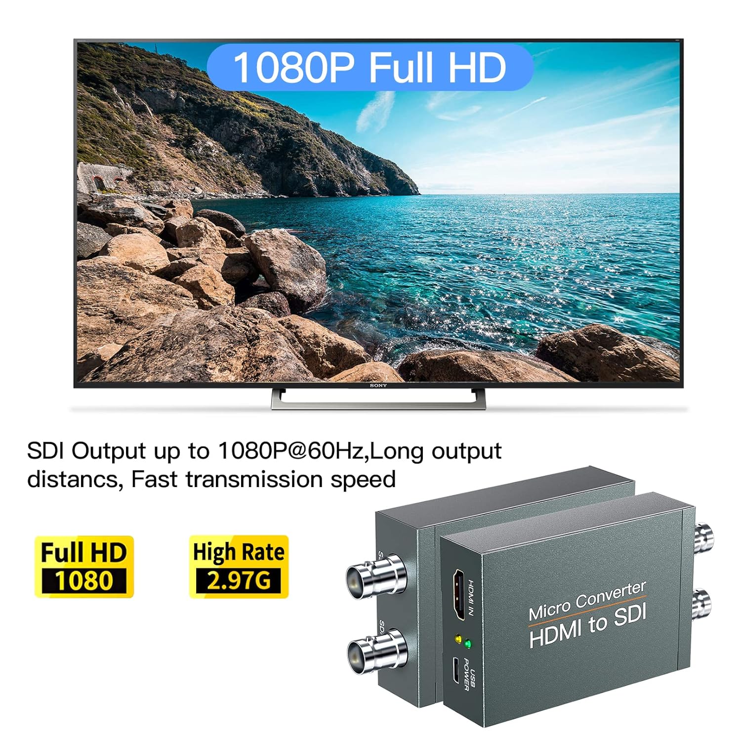HDMI a SDI, HDMI a 3G-SDIHD-SDI, convertidor de audio 2 vías SDI convertidor adaptador de salida SDI dual soporte 1080P para cámara de cine en casa