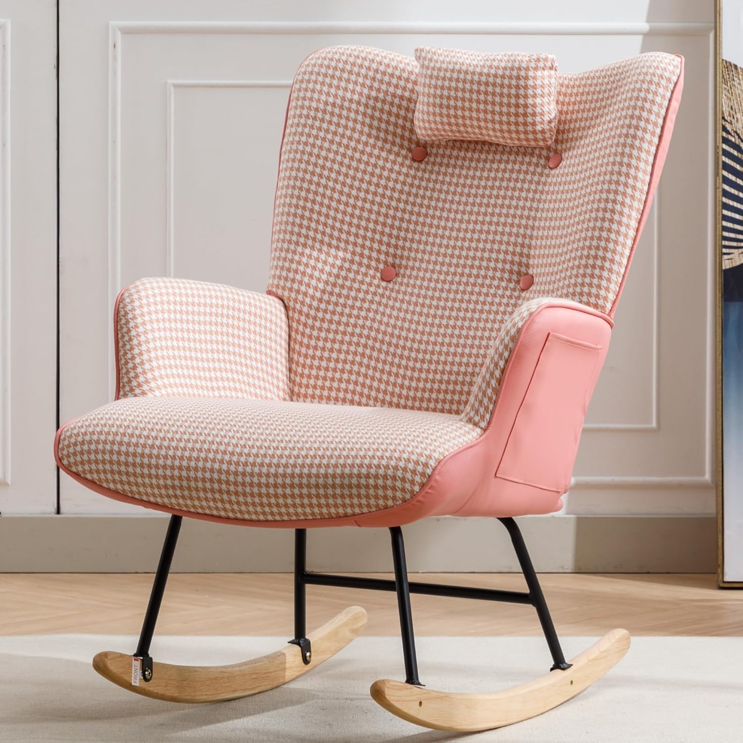Mecedora para guardería con reposapiés, moderna mecedora con almohada suave, mecedora de pata de gallo interior con base de madera maciza para