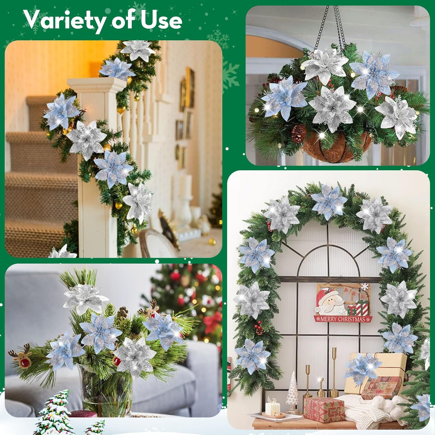 Serwalin 20 flores de Navidad artificiales de 5.5 pulgadas (5.5 in), color azul plateado, flores de pascua con clips, tallos con purpurina, adornos