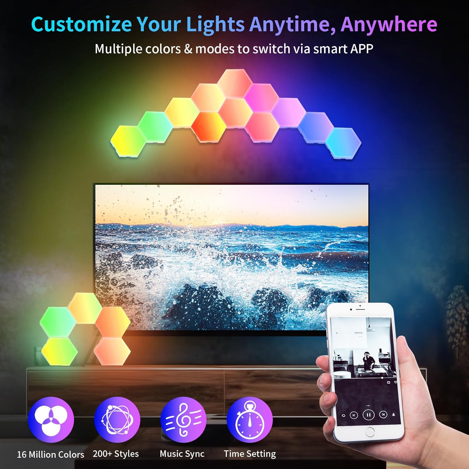 Mindore Paquete de 12 paneles de luz hexagonales, luces LED hexagonales inteligentes RGB con control remoto y sincronización de música, luces LED