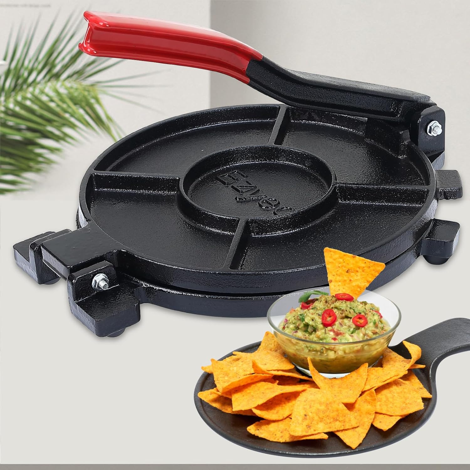 Cast Iron Tortilla Press 8-10 Inch, Large Roti Maker with Silicone Grip Handle for Roti, Taco, Flour, Corn, Dough, Chapati, Sturdy Prensa Para