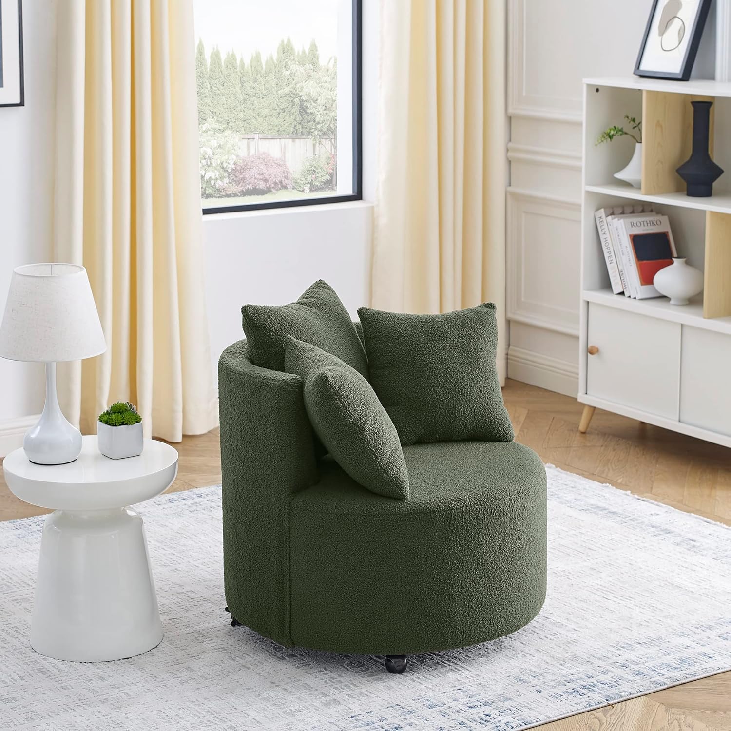 Ucloveria Silla giratoria redonda con ruedas móviles y 3 almohadas para sala de estar, dormitorio, verde