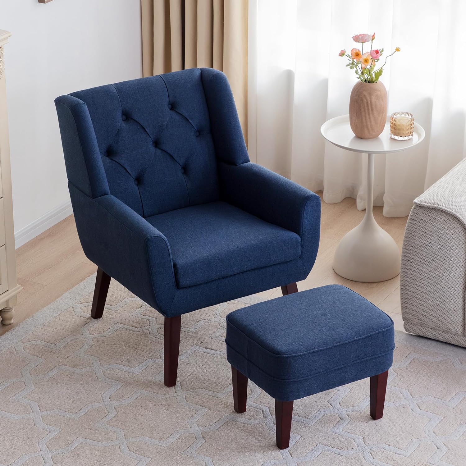 HUIMO Silla decorativa con otomana, sillón tapizado con botones, sofá de tela de lino, silla de lectura para sala de estar, silla para dormitorio,