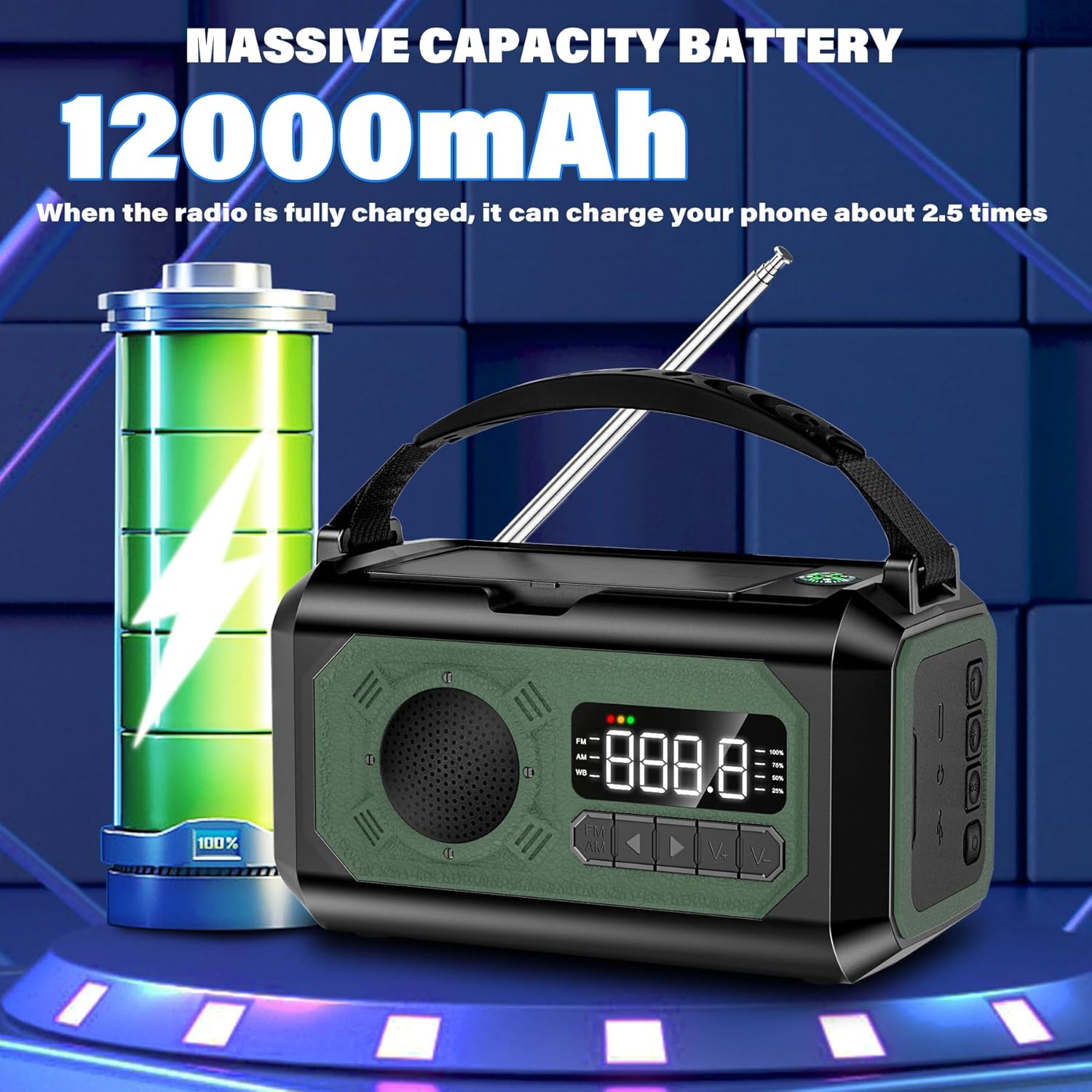 Radio meteorológica de emergencia de 12000 mAh, radio de manivela, radio AMFMNOAA portátil con 2 paneles solares, radio solar multifunción con