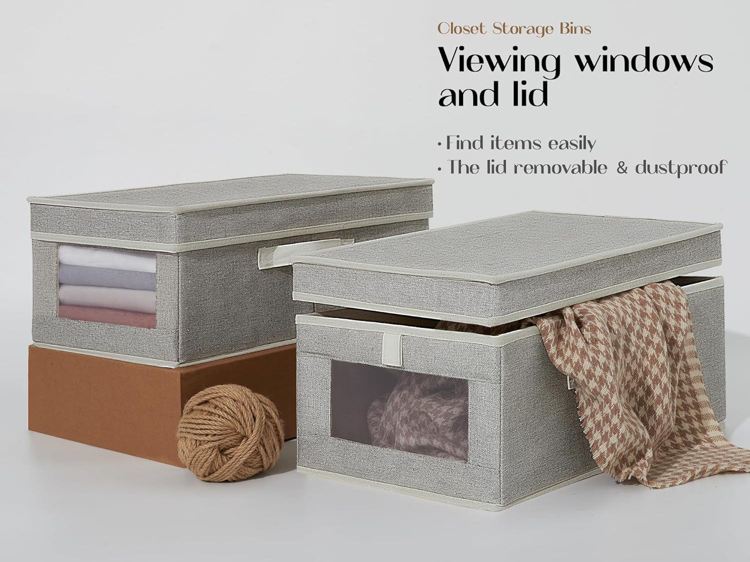 LoforHoney Home Contenedores de almacenamiento de tela con tapas, cestas de almacenamiento plegables con ventana transparente, cestas de ropa con