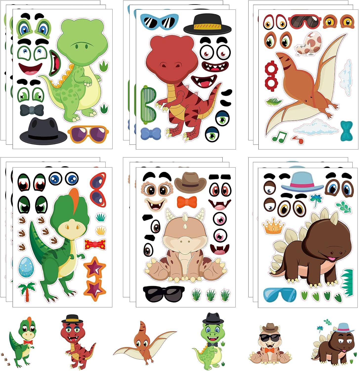 24 hojas de calcomanías de dinosaurio para actividades de niños pequeños, haz tus propias calcomanías para niños, suministros de recuerdo de fiesta