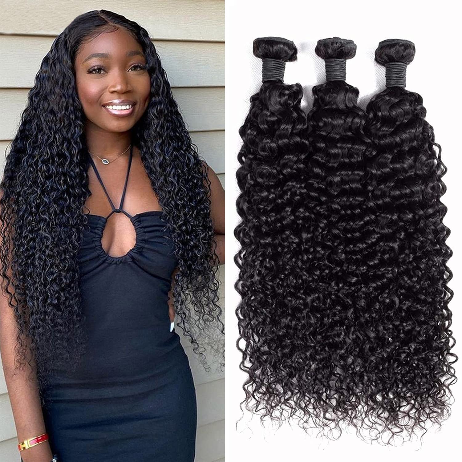 Extensiones de cabello humano virgen brasileño rizado sin procesar, 3 paquetes de cabello humano virgen grado 12A, ondulado, negro natural, 22, 24,