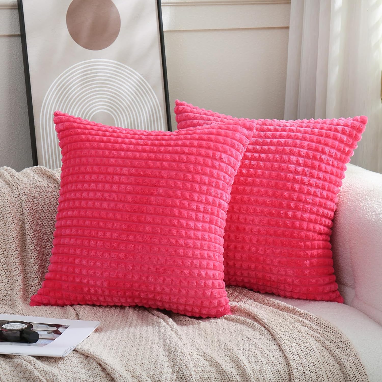 Puncuntex Juego de 2 fundas de almohada decorativas de color rosa intenso de 18 x 18 pulgadas, fundas de almohada de felpa súper suave, esponjosas y