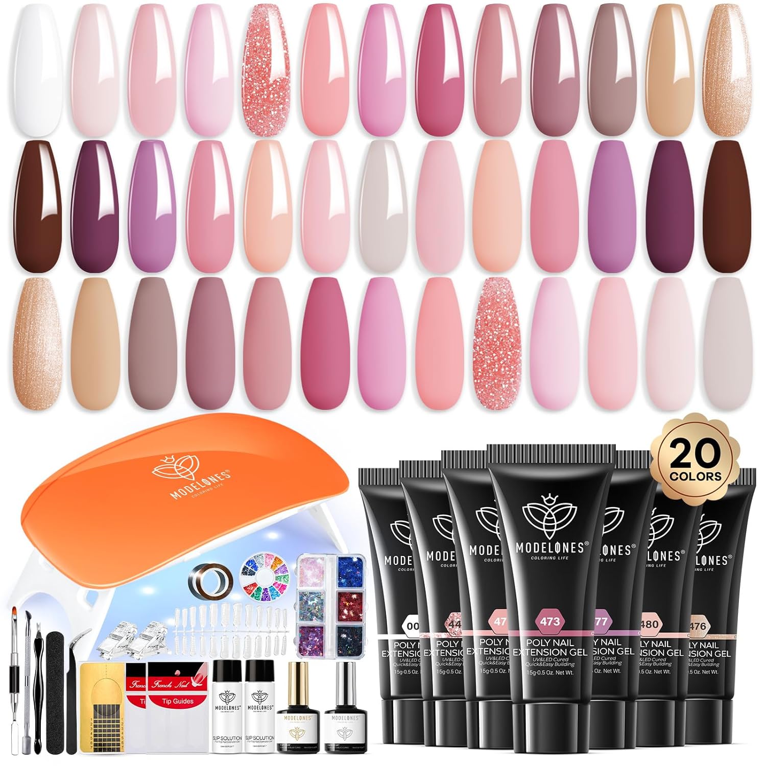 modelones Kit de iniciación de uñas de gel de poligel, 20 colores nude rosa purpurina con lámpara de uñas, kit completo de extensión de uñas,