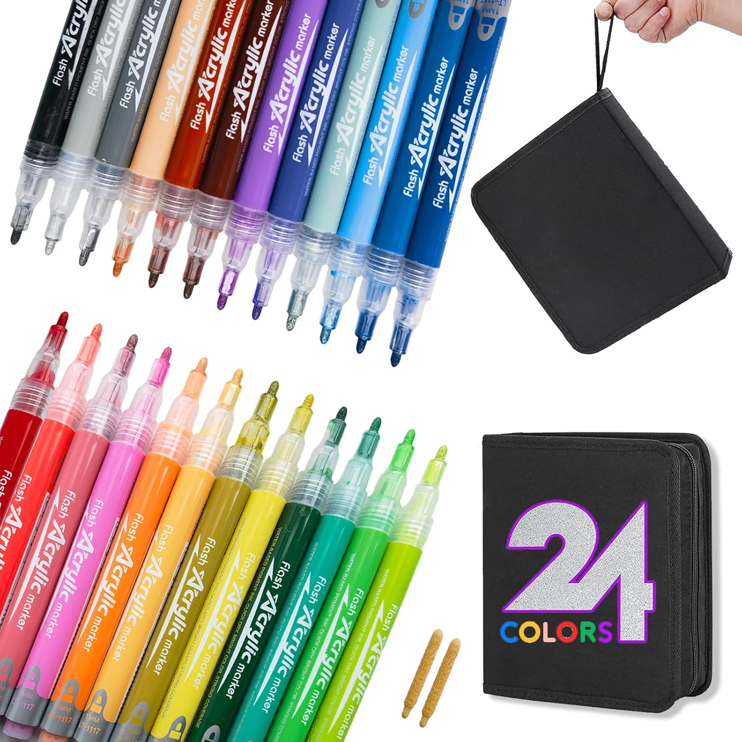 Bolígrafos de pintura acrílica, marcador de pintura acrílica con purpurina de 24 colores, tinta acrílica a base de agua, punta fina, bolígrafo de