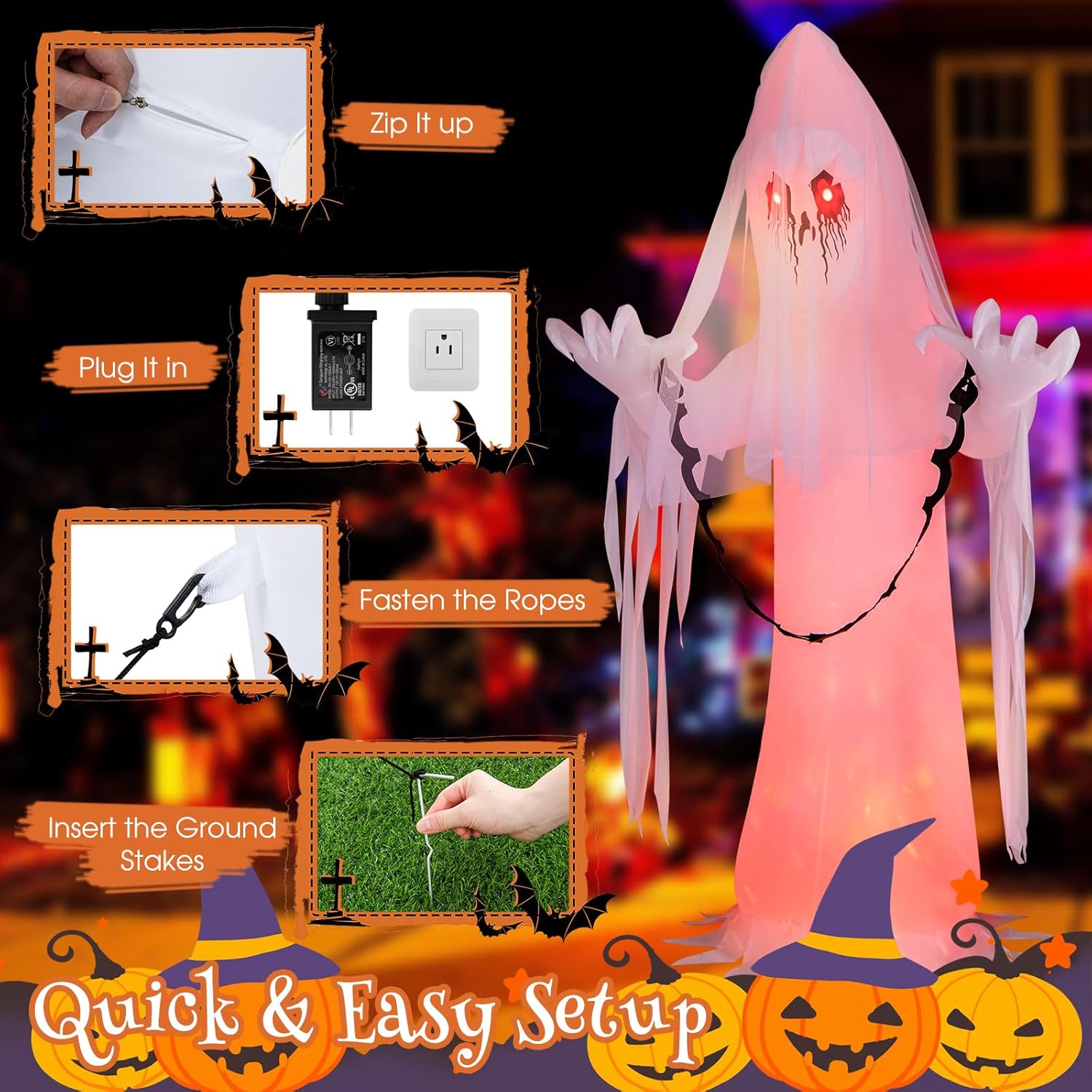 Tangkula Fantasma inflable de Halloween de 8 pies, novia fantasma inquietante inflable con luz LED de llama, decoración de vacaciones al aire libre