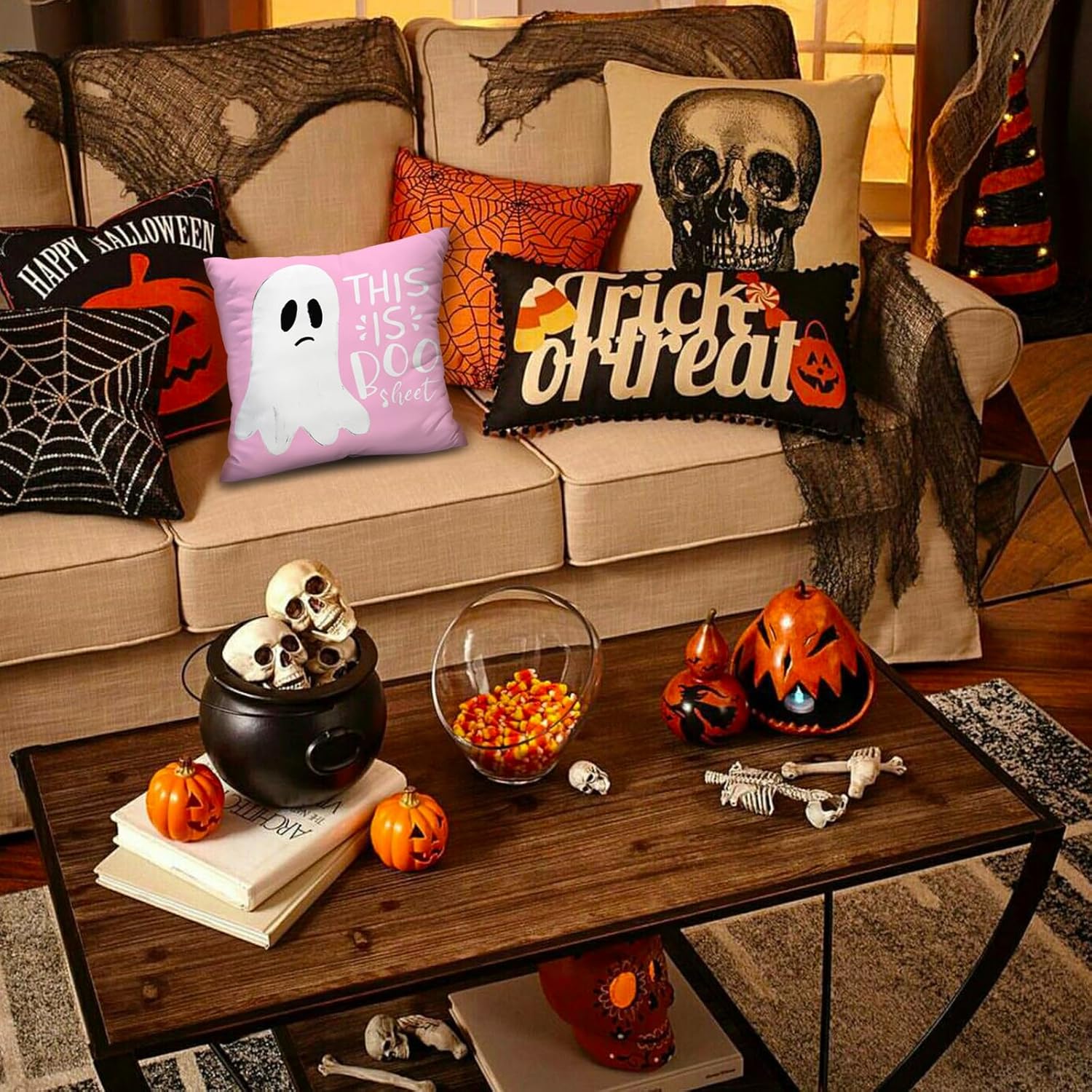 Funda de almohada de Halloween rosa y blanca con fantasma, fundas de almohada lumbar, decoración al aire libre, almohadas decorativas para