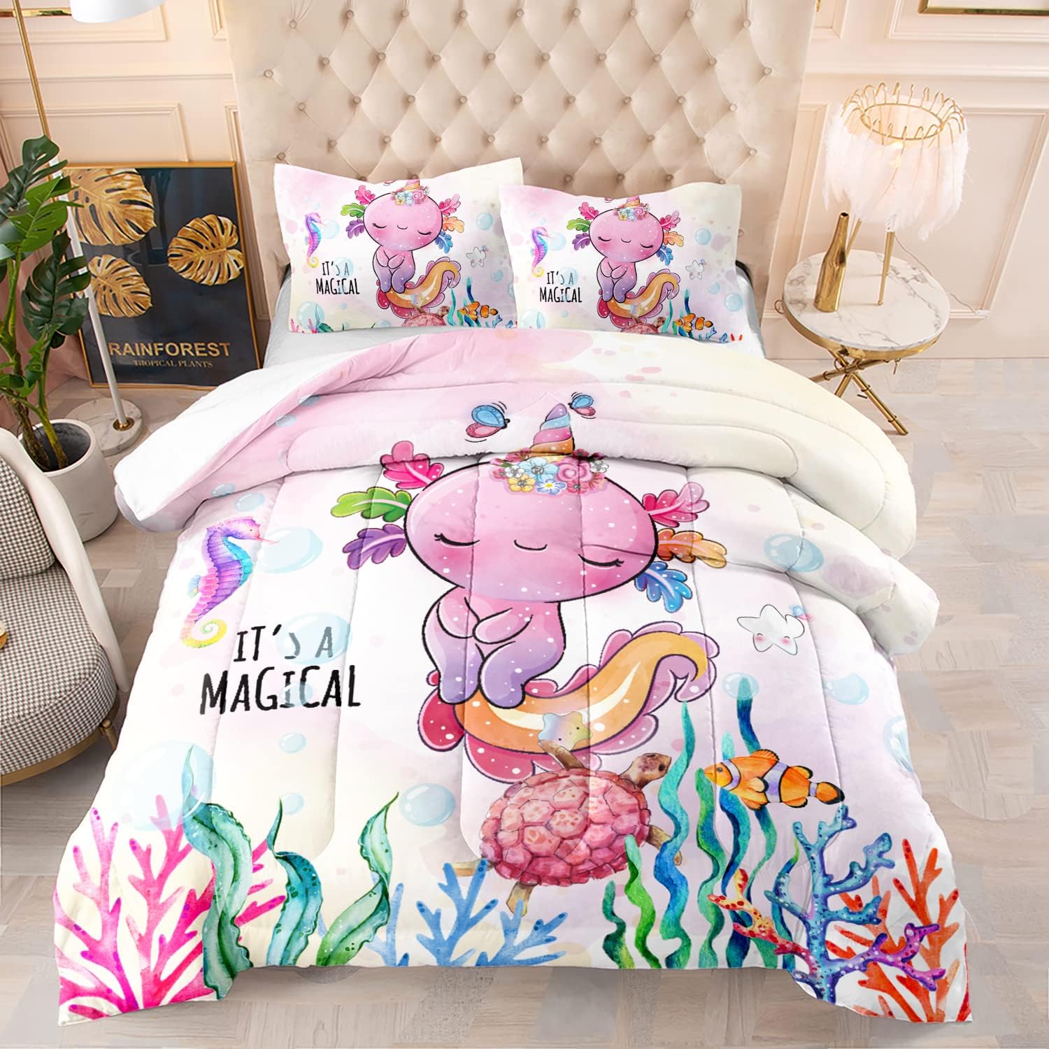 CVHOUSE Axolotl – Juego de edredón tamaño matrimonial, juego de ropa de cama de ajolote de dibujos animados para niños, lindo juego de edredón de