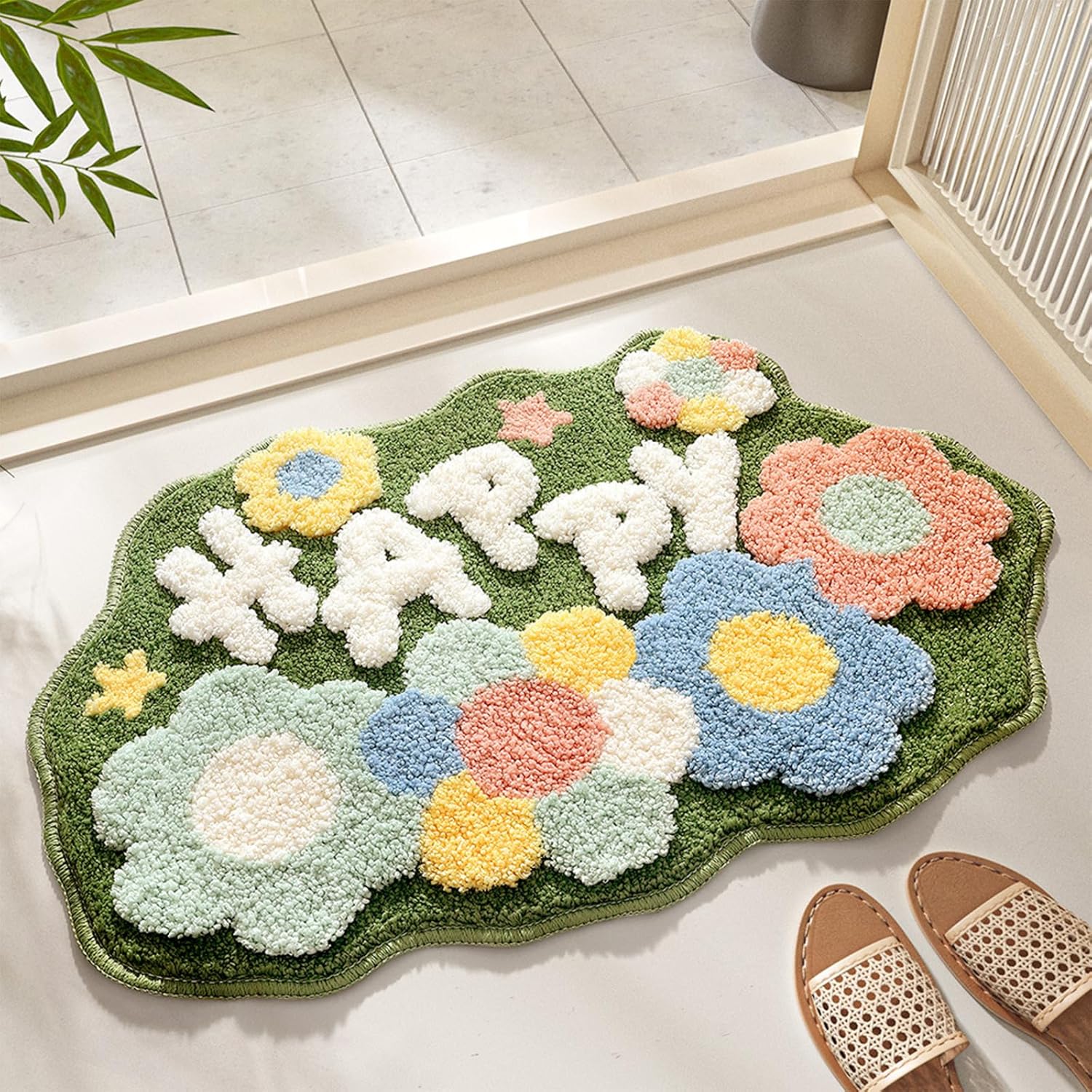 Alfombra de baño de musgo, alfombra de baño con diseño de bosque de flores felices, esponjosa, suave, antideslizante, duradera, con forma de planta