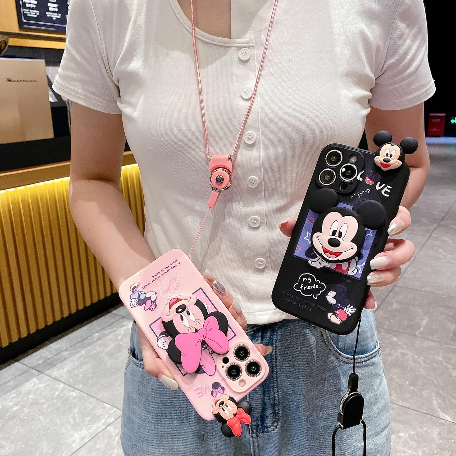Funda de dibujos animados para iPhone 13 Pro Max de 6.7 pulgadas, con protector de pantalla HD, bonita funda de teléfono Kawaii Minnie con banda de