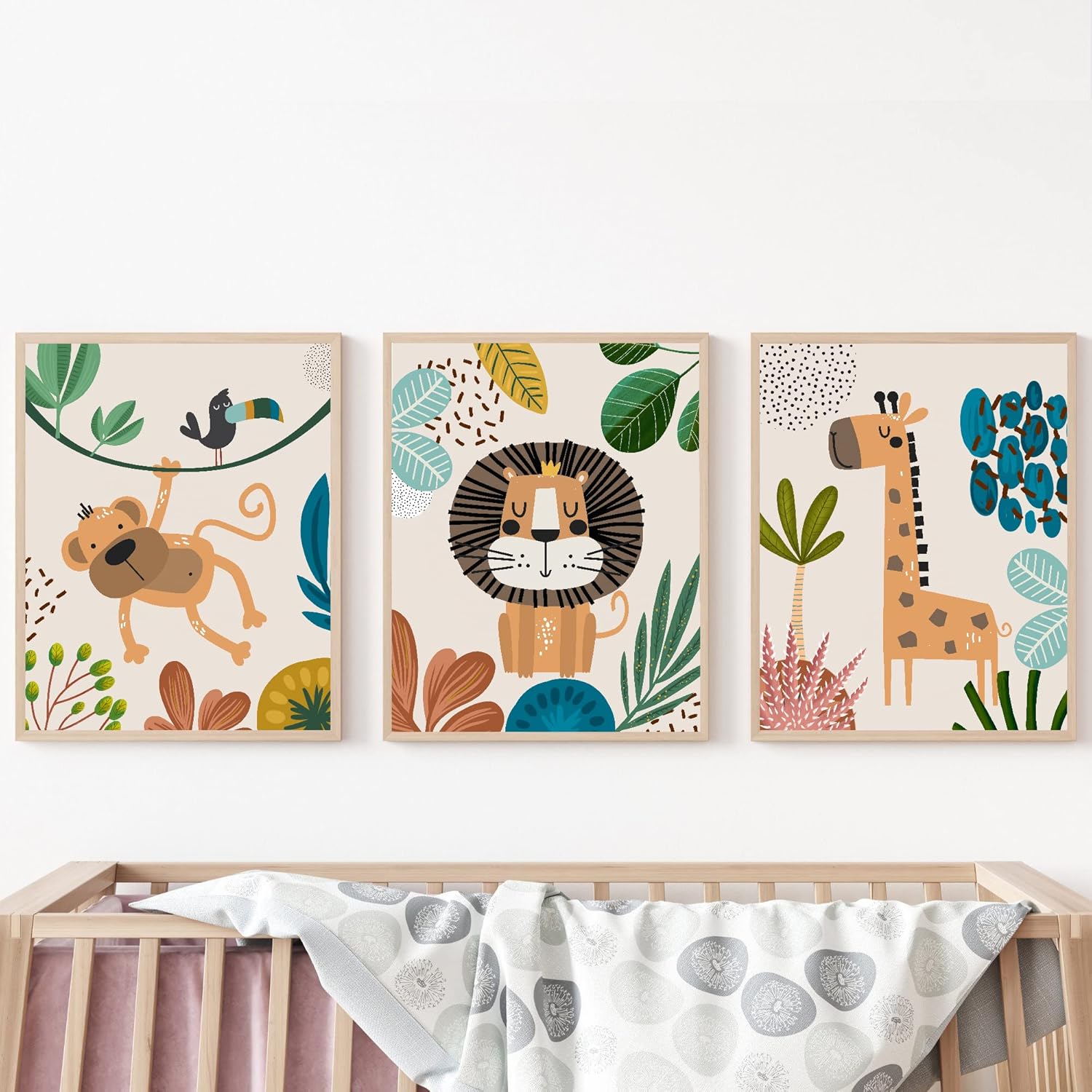 Juego de 3 decoración de pared para guardería, lindos animales, león, mono, jirafa, arte de pared, minimalista, bohemio, póster de safari de selva