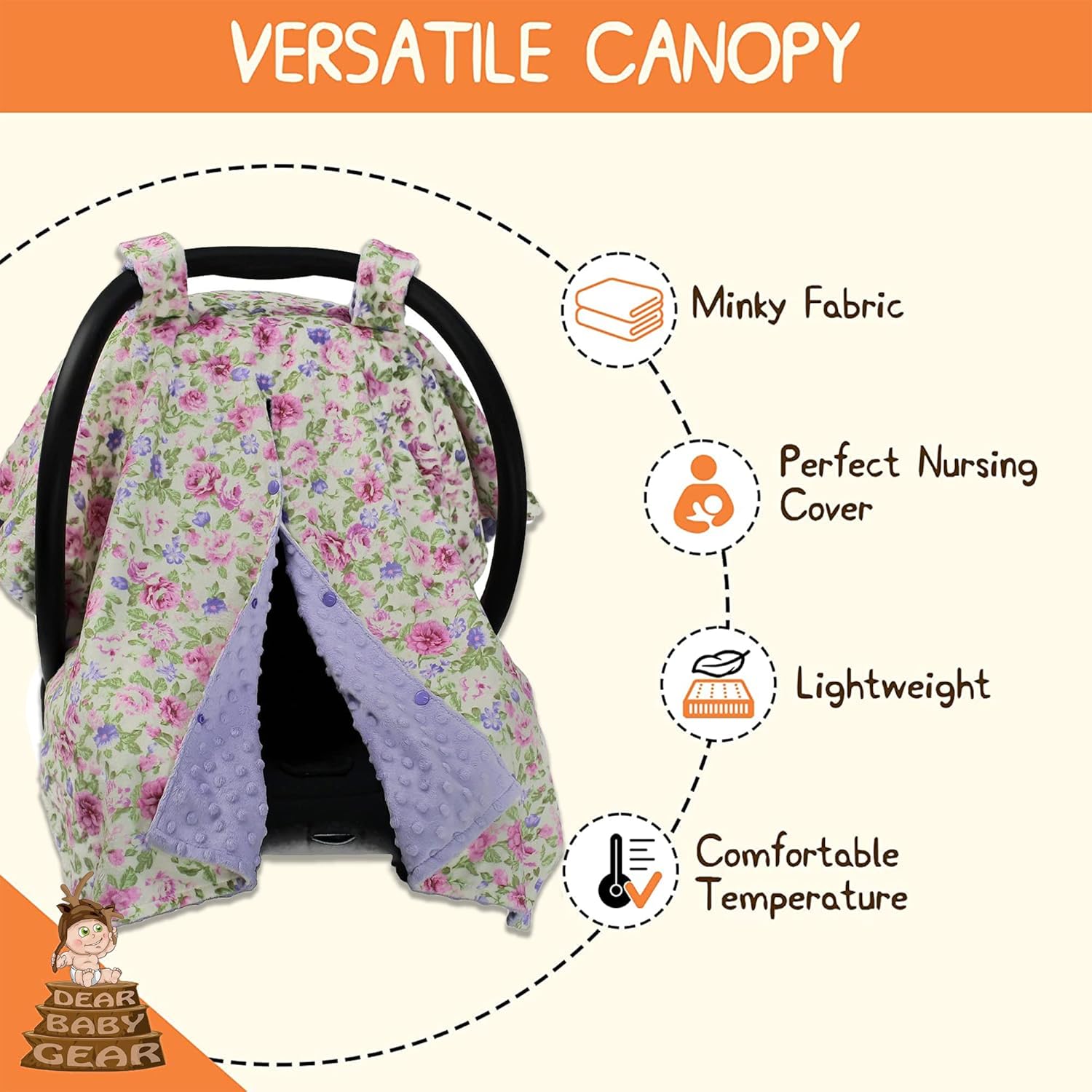 Dear Baby Gear Toldo floral para asiento de automóvil para bebé con apertura de botón a presión, funda de asiento de automóvil para recién nacidos y
