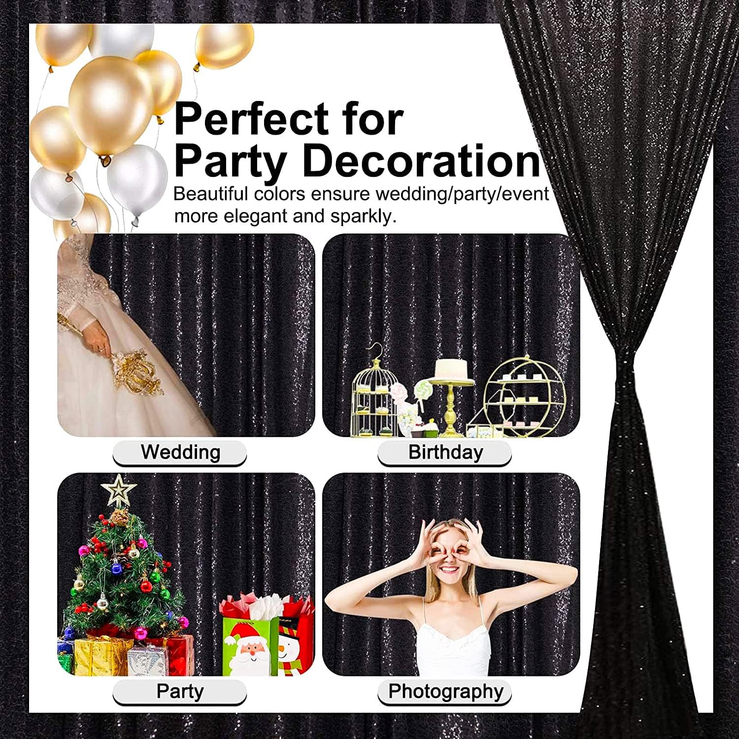 Cortinas de fondo de lentejuelas negras con purpurina de 2 x 8 pies, 4 paneles para decoración de bodas, fiestas de cumpleaños, despedidas de