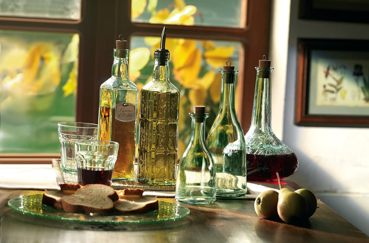 Bormioli Rocco Juego de 2 botellas Country Home Fiesole de 24 onzas con tapa de corcho natural, cristal de estrella teñido azul-verde, diseño