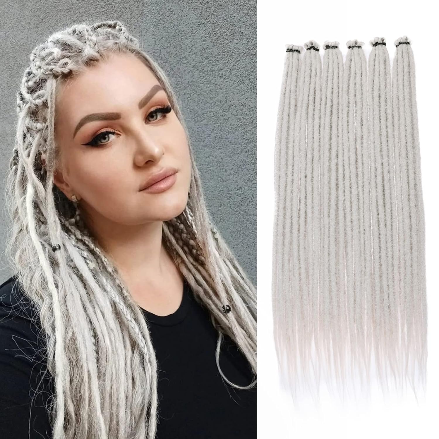 Leeven Extensiones de rastas grises de 40 hebras, de 18 pulgadas, hechas a mano, suaves, de 0.2 in de ancho, extensiones de cabello sintético estilo