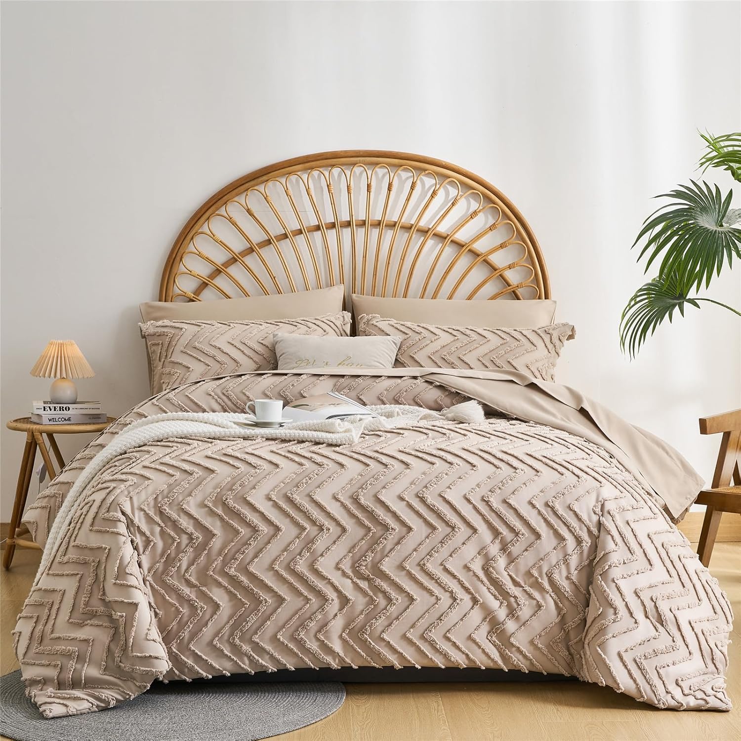 KAKKI Juego de edredón y sábanas de 7 piezas tamaño Queen con diseño de cheurón caqui, estilo bohemio, desgastado y elegante, de microfibra suave,
