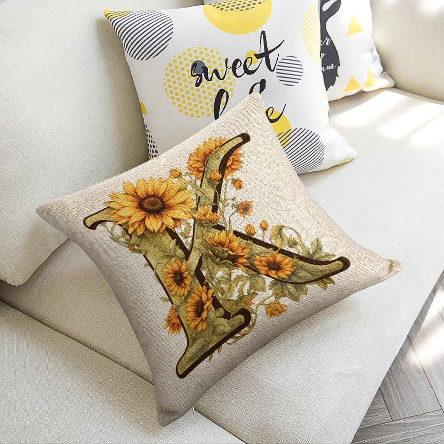 Fundas de almohada con monograma de girasol de verano con letra K, diseño floral con inicial de 18 x 18 pulgadas, para niñas, niños, hogar, granja,